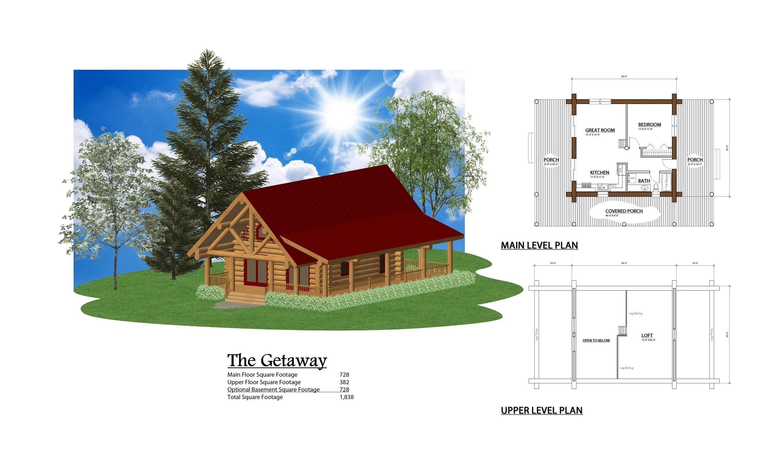 The Getaway log home exterior rendering with main and upper floor plans.
