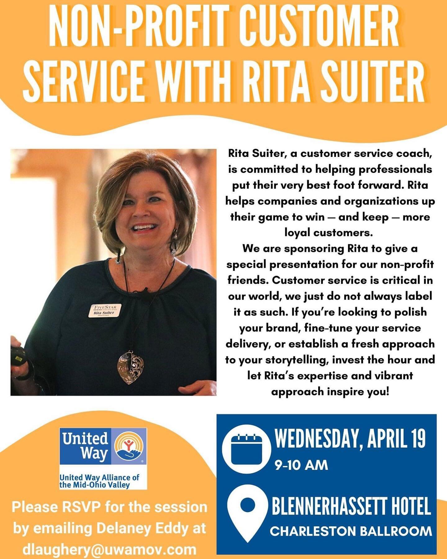 The Greater Parkersburg CVB and The Blennerhassett Hotel and Spa are bringing Rita Suiter to our community for a series of presentations. Rita Suiter, a customer service coach, is committed to helping professionals put their very best foot forward. R