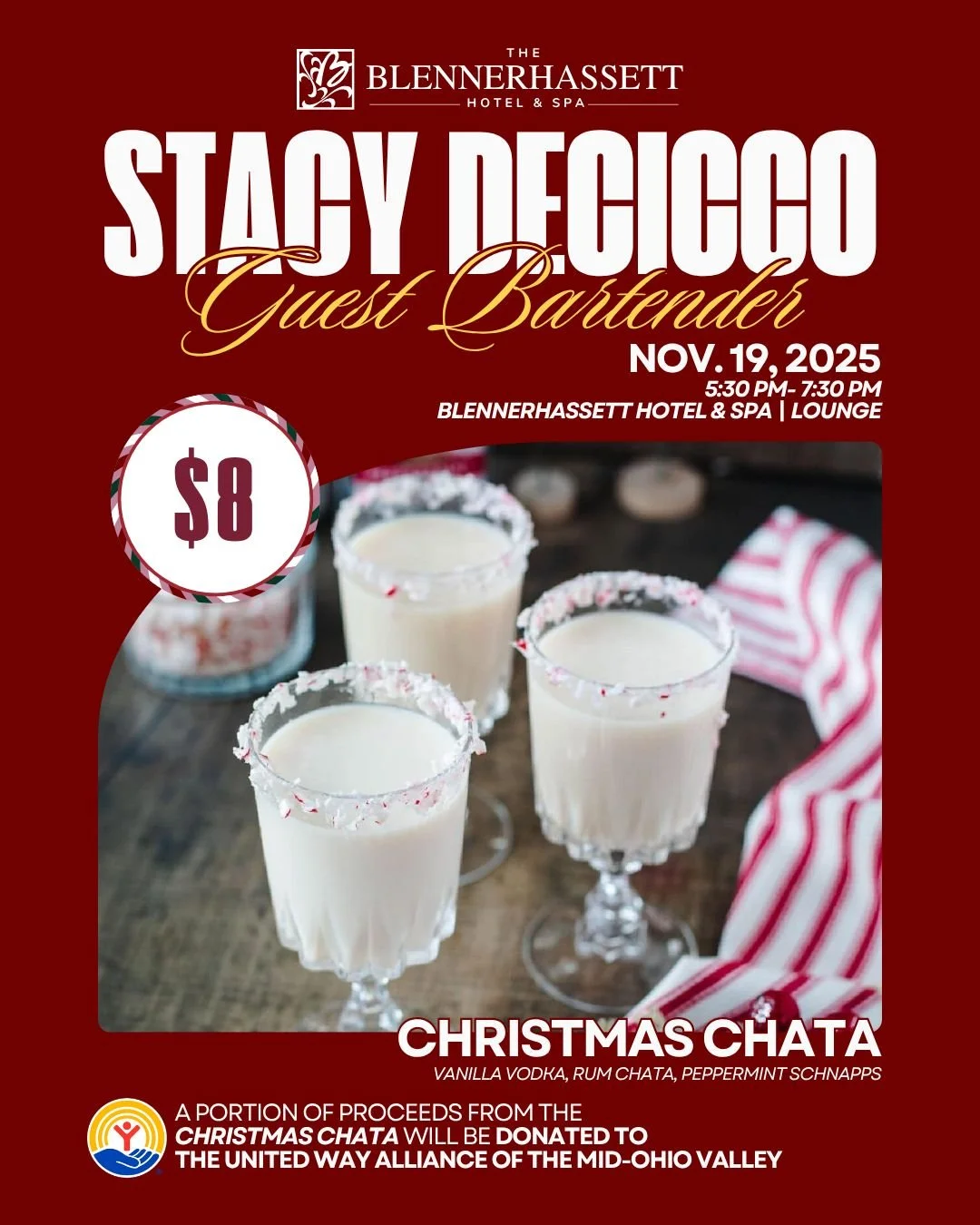 Our Executive Director, Stacy Cooper Decicco, will be the Guest Bartender at The Blennerhassett Hotel &amp; Spa this Wednesday from 5:30-7:30 PM. 🍸

She will be serving up a special holiday cocktail, the Christmas Chata! 

Stop by, have a drink, and
