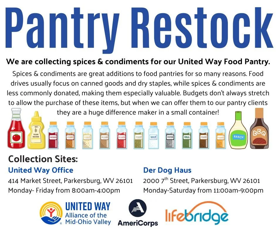 Our LifeBridge AmeriCorps Program  member, Rachael, is completing a Pantry Restock Service Project in the month of January. 

She is collecting spices &amp; condiments for our United Way Food Pantry. Spices &amp; condiments are great additions to foo