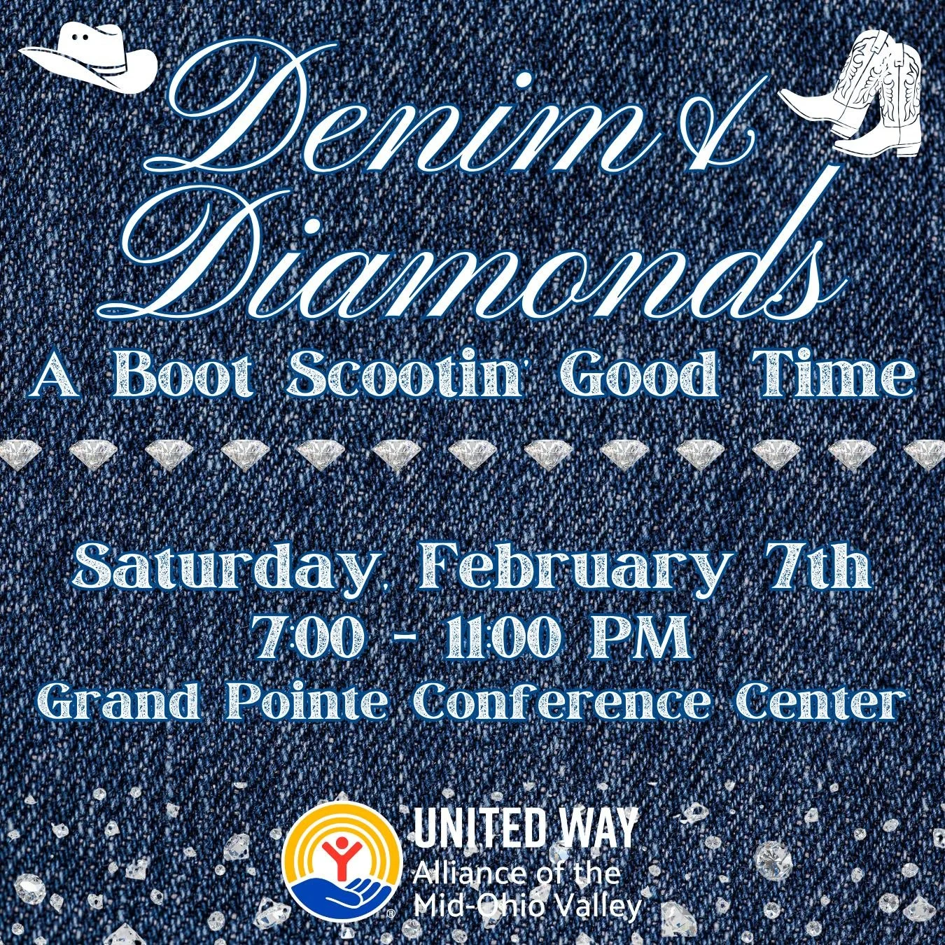 💎 Denim &amp; Diamonds: A Boot Scootin' Good Time 💎 
📅 Saturday, February 7th
⏱ 7:00-11:00PM
📍 Grand Pointe Conference Center

Enjoy live entertainment from Jack and Davis Reid Music and Soph Stevens - Live Music! 🎶

Ride the mechanical bull! 🤠
