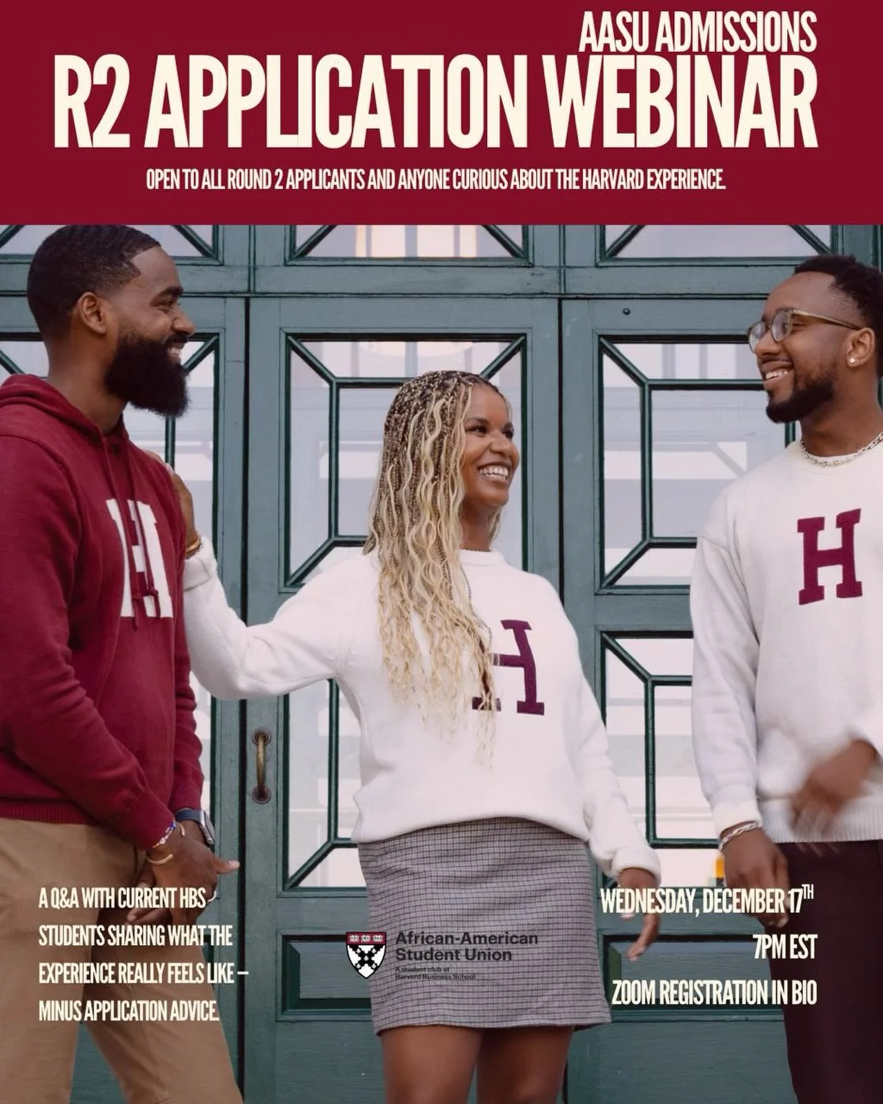Thinking about HBS for R2? 👀

Join AASU for a candid Q&amp;A with current students on what the Harvard experience truly feels like &mdash; from community to classroom 📚👯&zwj;♀️

Application advice not included (respectfully).

🗓️ Wednesday, Dec 1