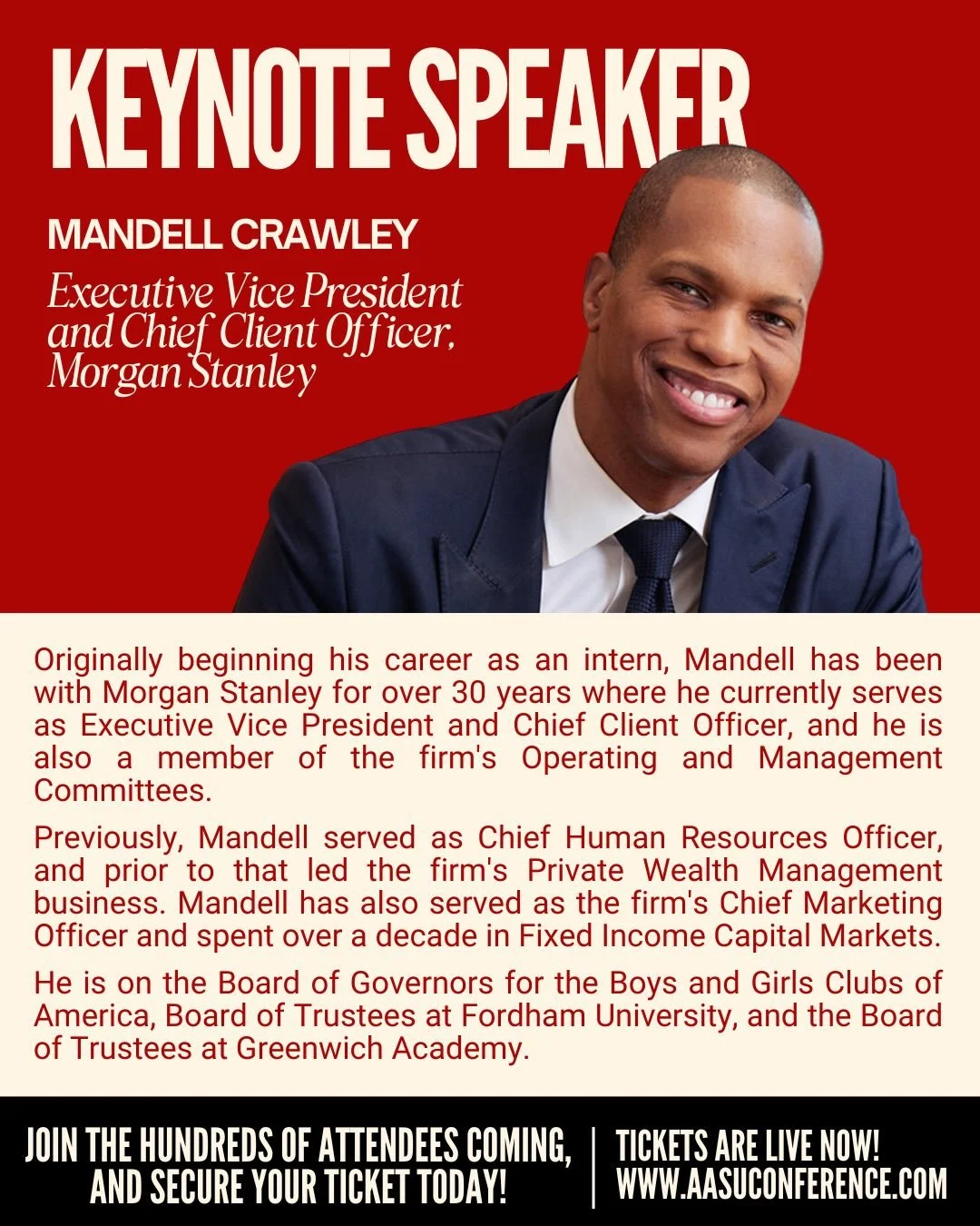 📣 Join us for our keynote session "Time Well Spent: Building an Enduring Career with Impact" with Mandell Crawley, Executive Vice President and Chief Client Officer at Morgan Stanley, moderated by our very own Senior Associate Dean and Cha