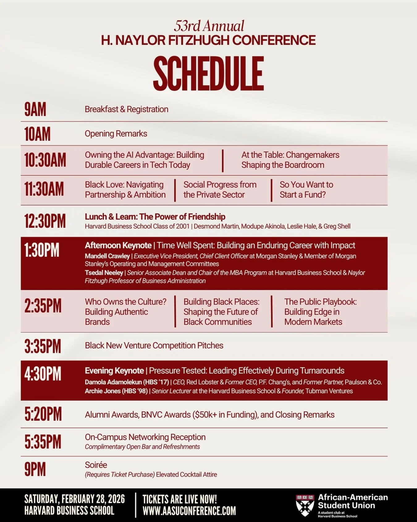 📣 We're excited to share our schedule for the H. Naylor Fitzhugh Conference next Saturday, February 28, 2026 at Harvard Business School!

🎟️ Secure your ticket today at the link in our bio before it's too late!