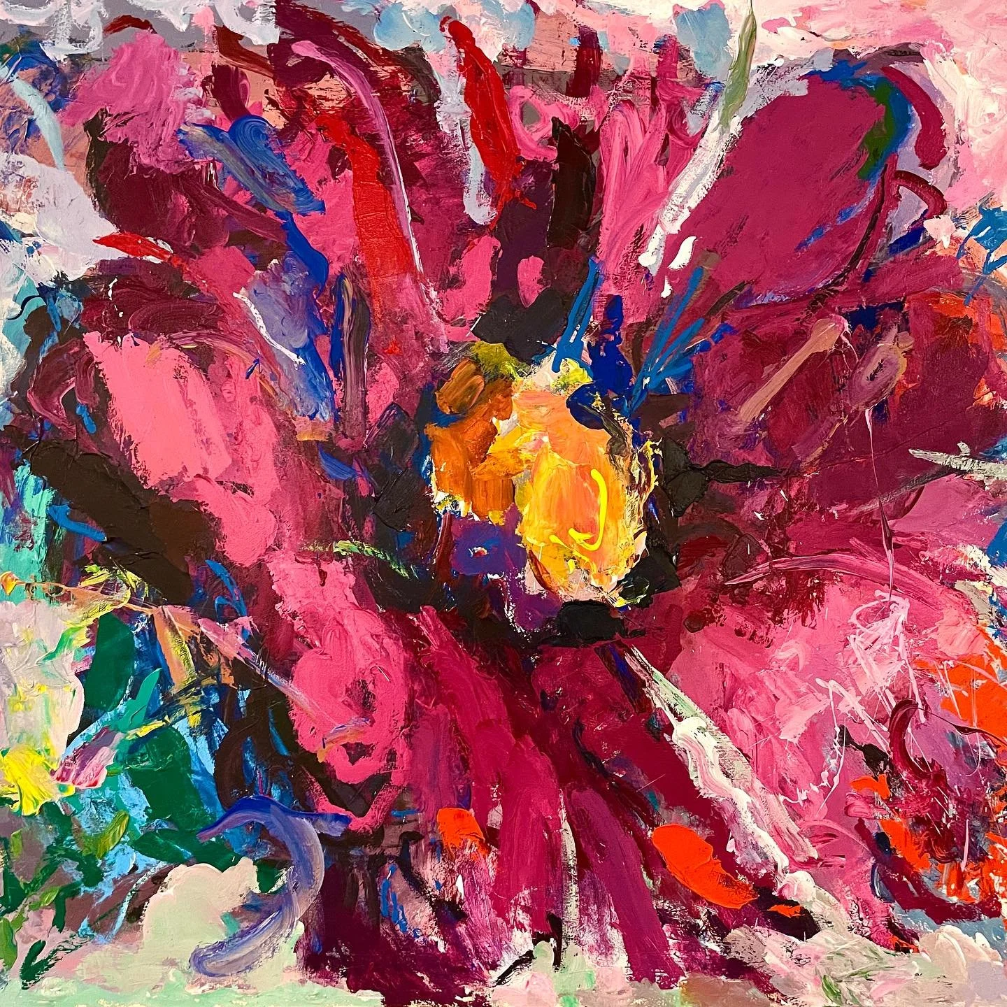 Enjoy viewing four of Cabada&rsquo;s abstract single flower paintings 
Have a wonderful weekend!

1. Magenta Zinnia, acrylic on canvas, 50 x 59
2. Single Iris, 1993, Acrylic on canvas, 60 x 71 in.
3.  Purple Iris, Acrylic on canvas, 1992, 60 x 78 in.