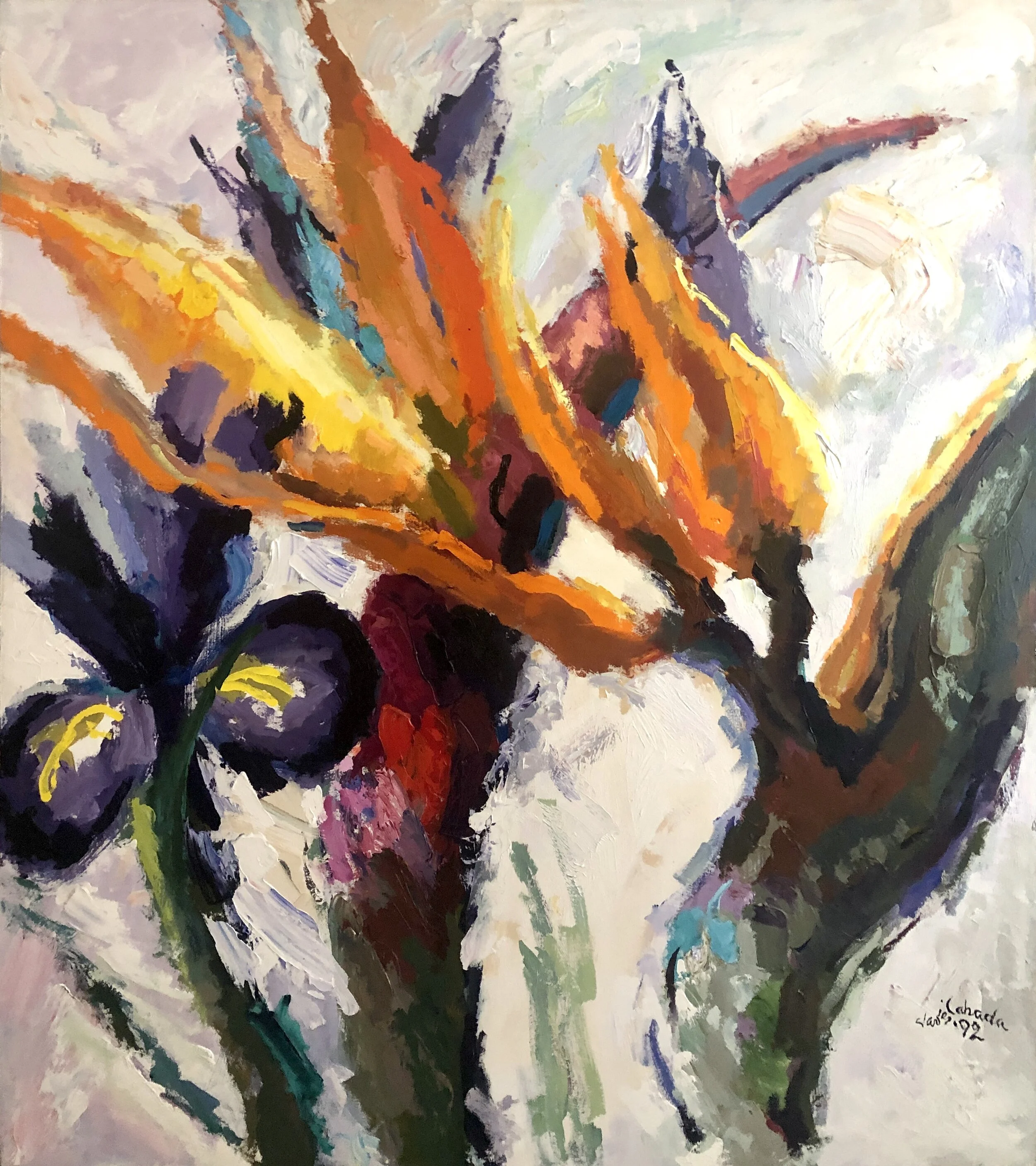 "Purple Iris and Birds of Paradise", Acrylic on Canvas, 72 x 60 in. 1992