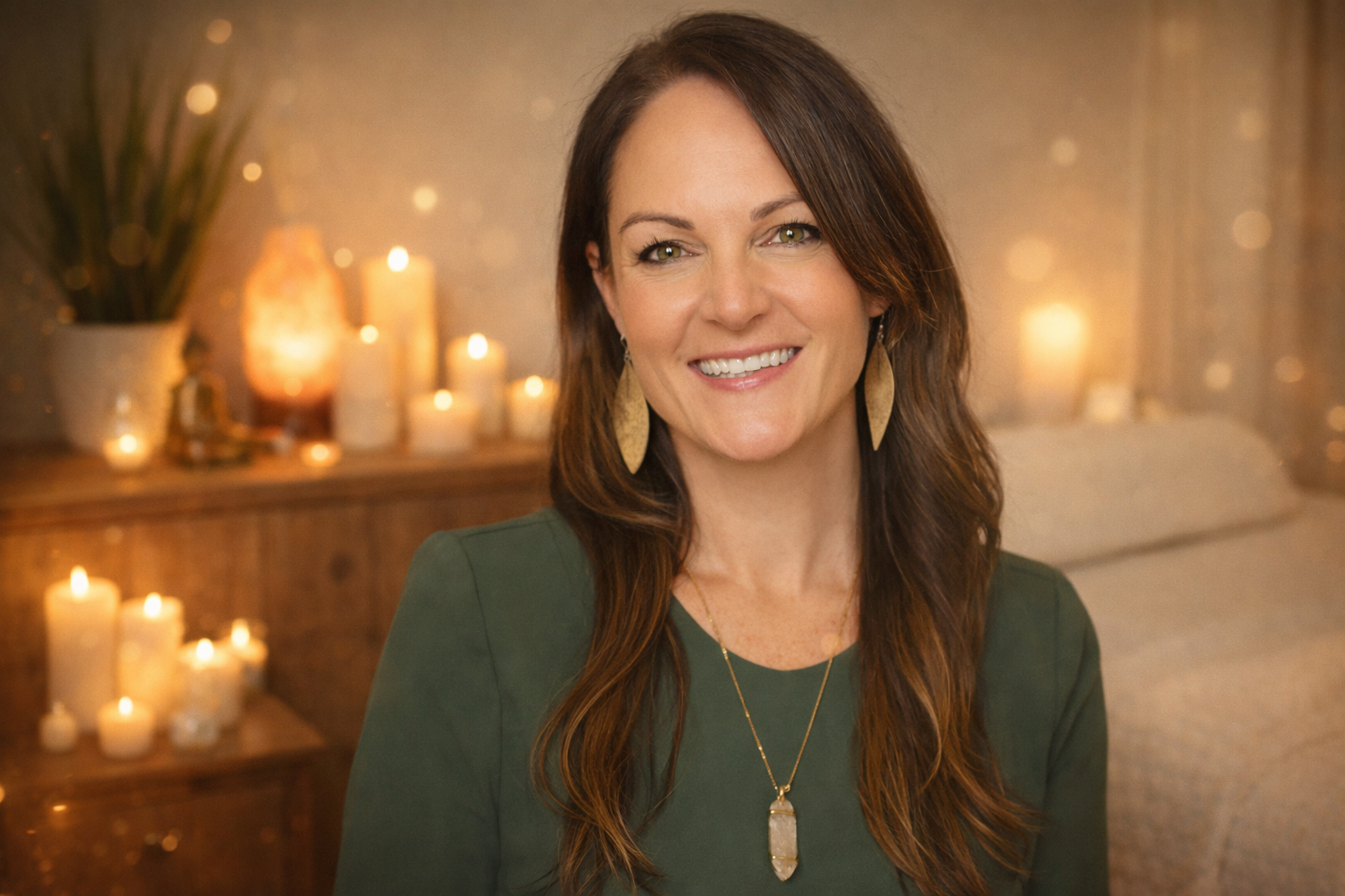 Portrait of holistic healer and coach Lisa Kern smiling warmly in front of a softly lit background with candles.