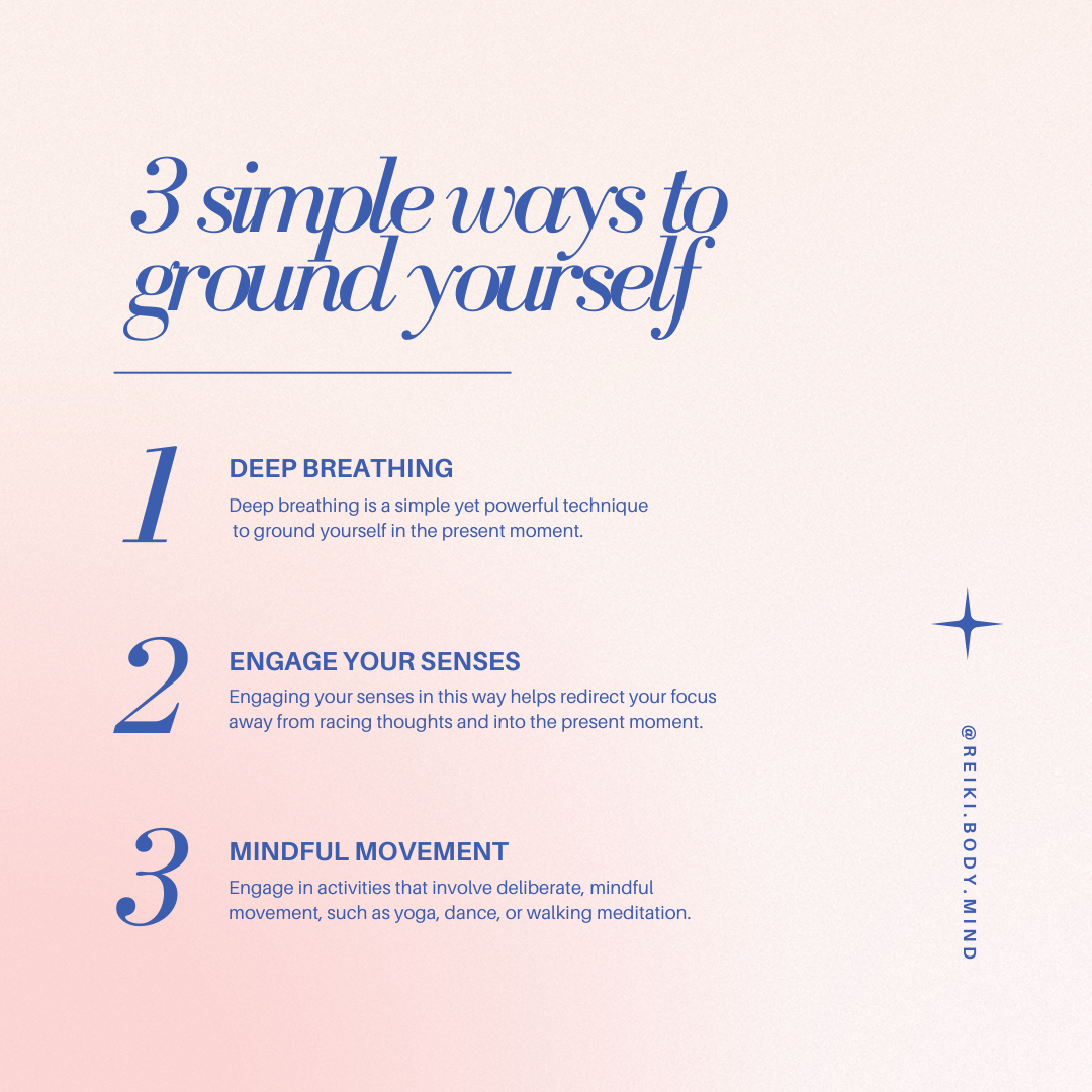 Infographic outlining three grounding techniques for empaths: deep breathing, engaging your senses, and mindful movement.