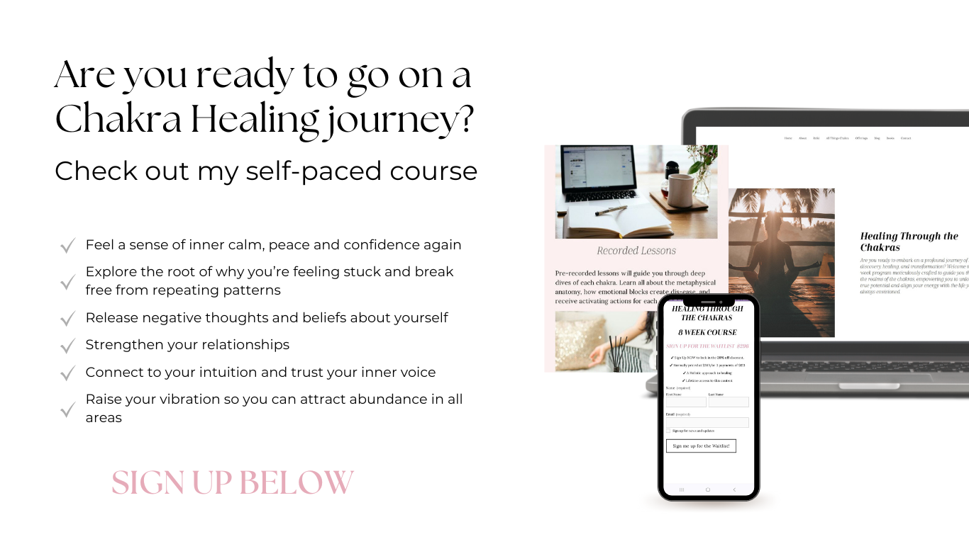 Promotional banner for the self-paced online course Healing Through the Chakras featuring preview screens and sign-up details