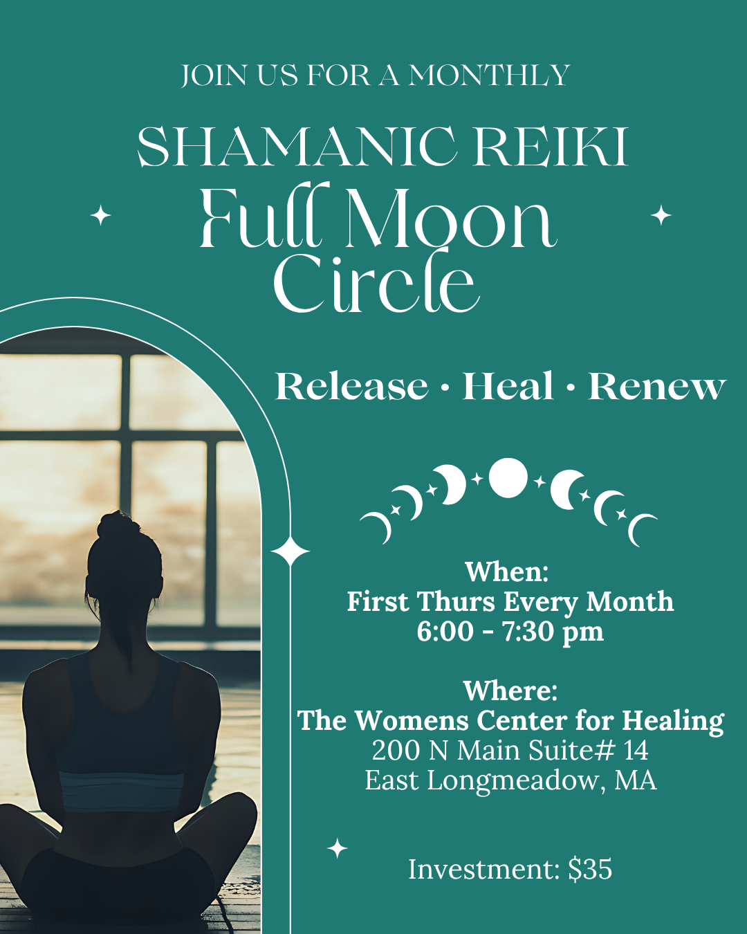 Flyer for a Shamanic Reiki Full Moon Circle gathering, featuring event details like date, time at The Women's Center for Healing, and investment cost