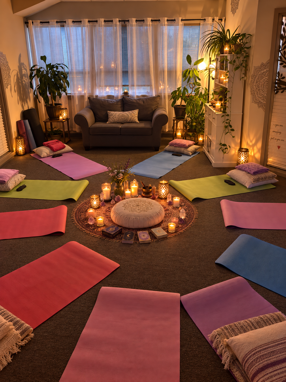 Candlelit Shamanic Moon Circle space with yoga mats, meditation cushions, tarot cards and plants prepared for a peaceful evening of connection and reflection.