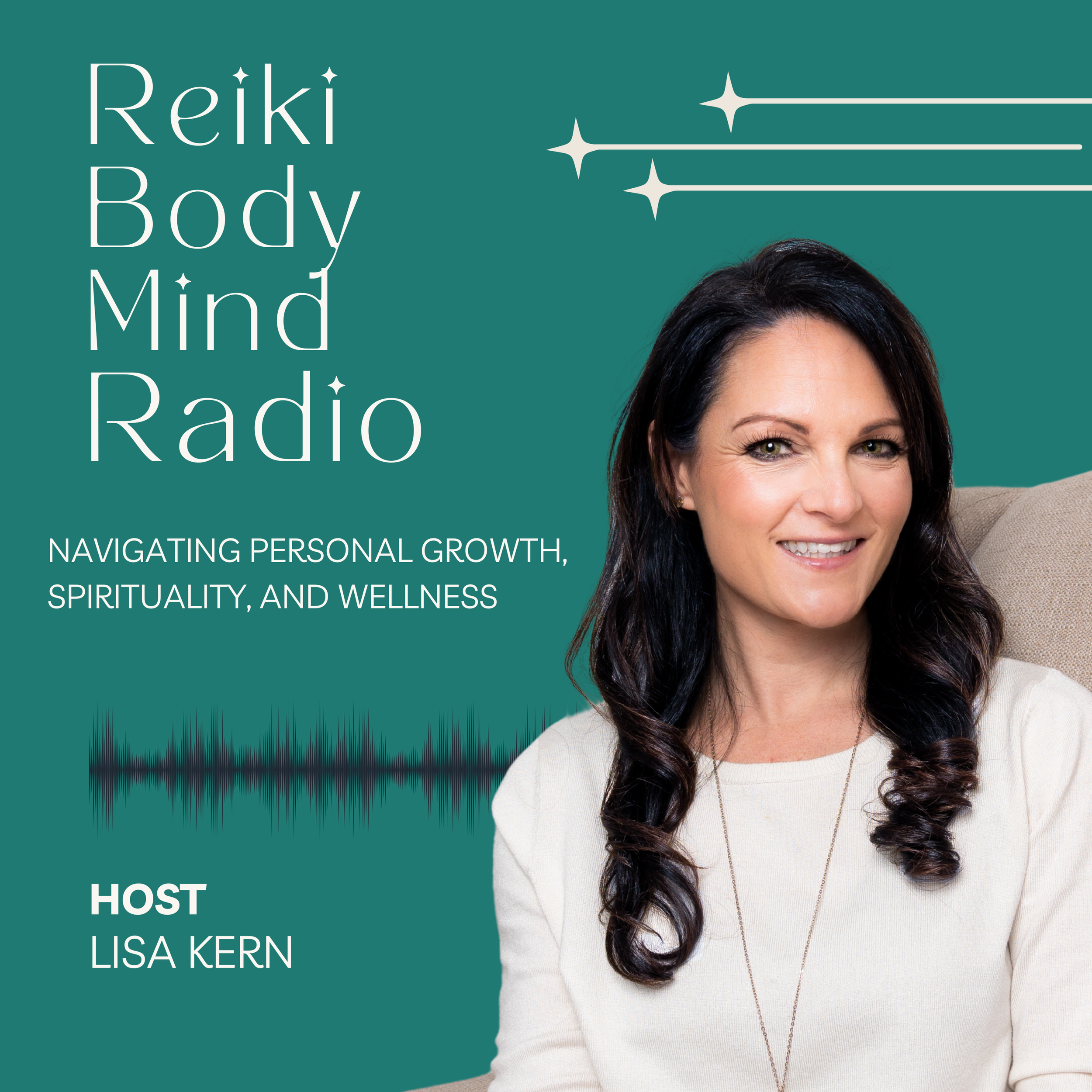 Reiki Body Mind Radio podcast cover featuring host Lisa Kern with green background and spiritual design elements.