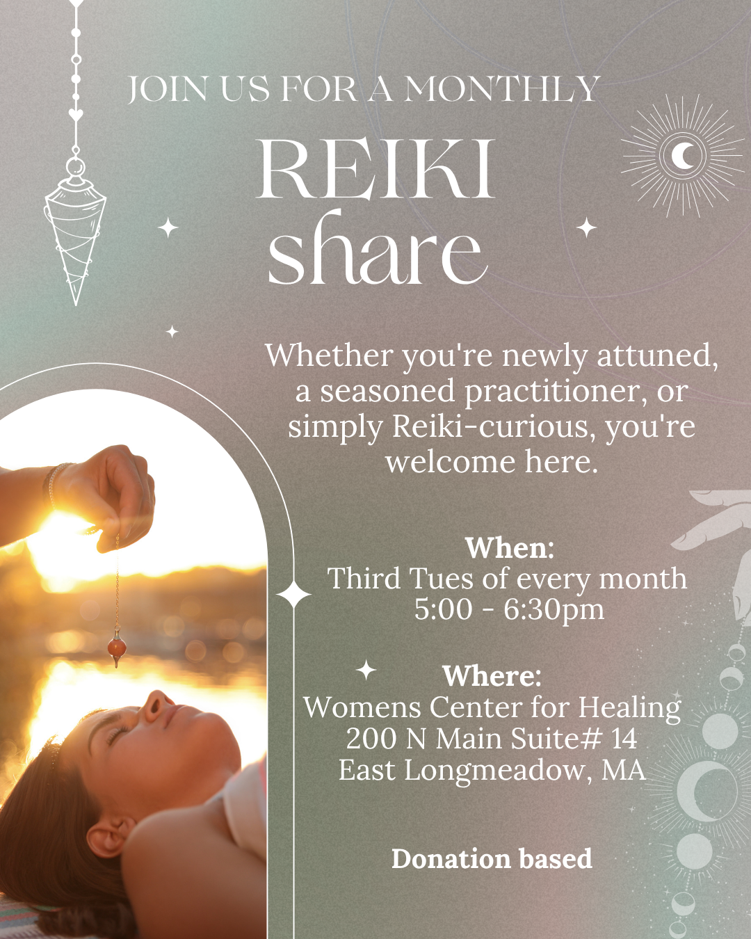 Flyer for a Reiki Share event at The Women's Center for Healing, offering a space for practitioners to connect and practice.