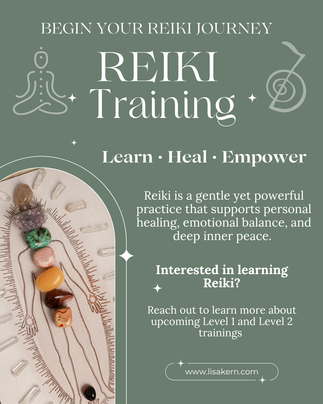 Flyer or graphic for Reiki training courses providing a supportive environment to deepen spiritual growth and holistic healing skills.