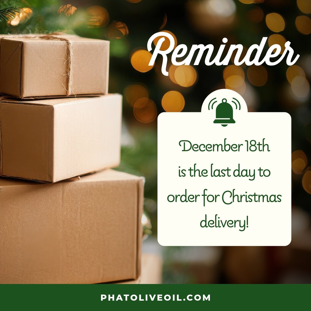 December 18th is the final day to order and ensure your gifts arrive in time for Christmas! 🎁 Shop now and make this holiday season delicious. Order now at http://phatoliveoil.com