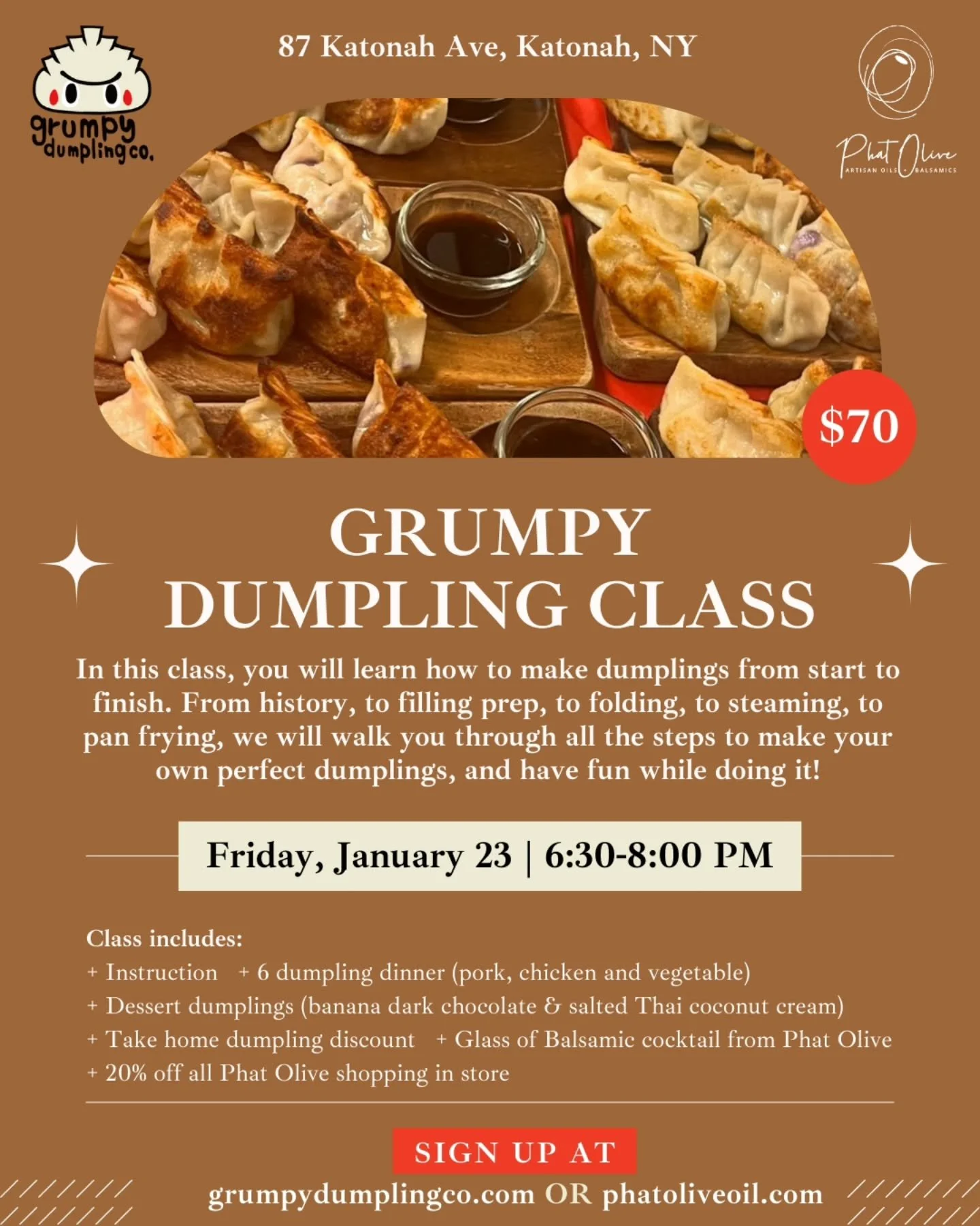 Looking for something fun to do this month? Sign up for our next dumpling making class with @grumpydumplingco! 🥟

🗓️ Friday, January 23
⏰ 6:30-8:00pm
📍 Phat Olive
🔗 Link in bio to sign up

Spaces are limited!