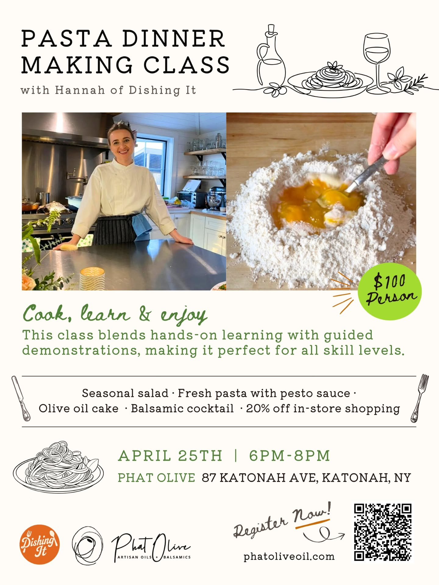 Cook, learn &amp; enjoy! New pasta dinner class coming next month with @dishingit! 🍽️🍝
🗓️ April 25
⏰6-8pm
📍Phat Olive| 87 Katonah Ave, Katonah
🎟️ $100pp

This class blends hands-on learning with guided demonstrations, making it perfect for all s