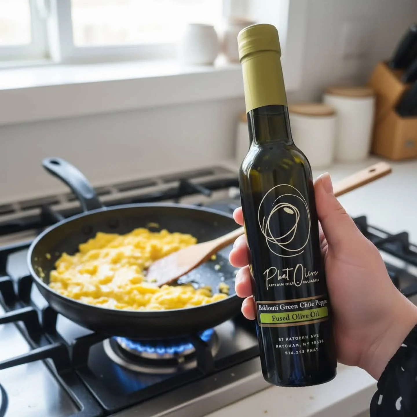 Our favorite way to warm up these winter mornings... Using some Baklouti Green Chili Olive Oil to cook some eggs! Adds a flavorful kick 🔥