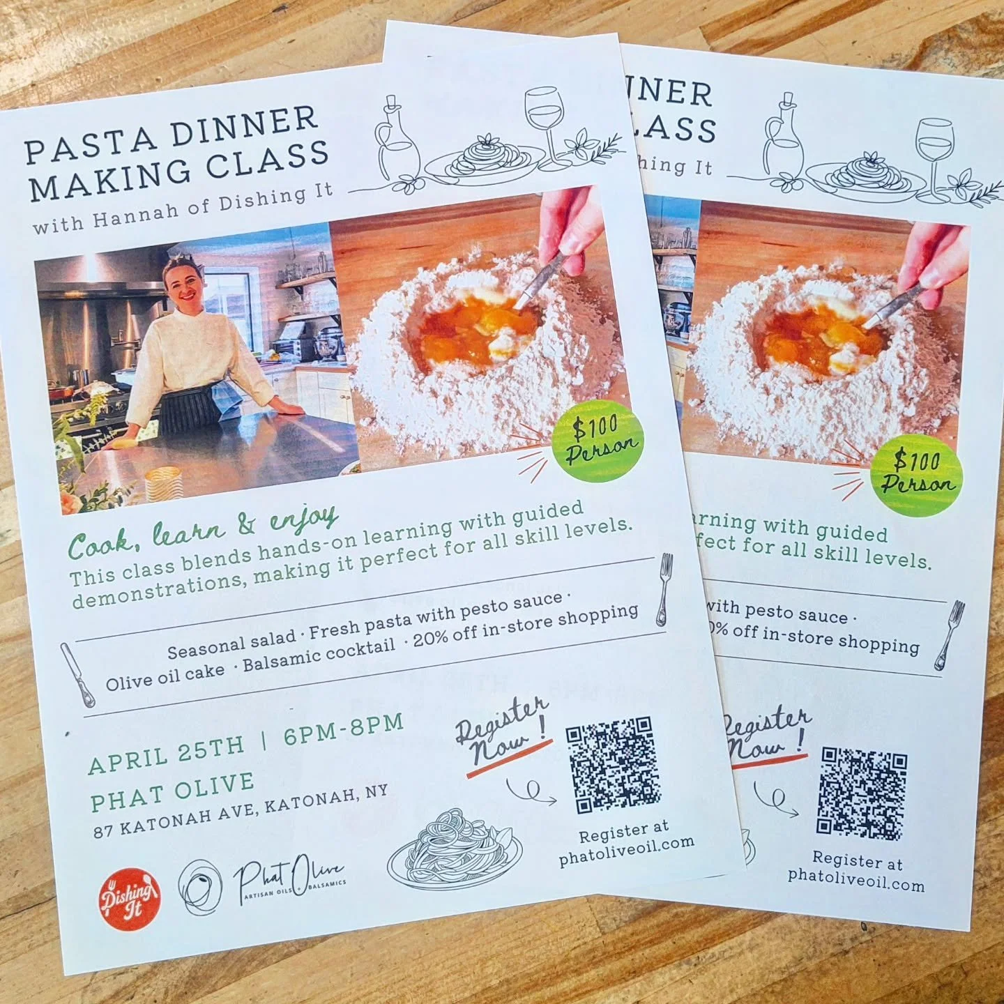 We still have spots available for our upcoming Pasta Class! 🍝 Sure to be a fun and delicious class! 

🗓️ April 25 | 6-8pm

Learn to make a salad dressing and pesto, get your hands dirty making your own pasta, then enjoy eating it all with an olive 