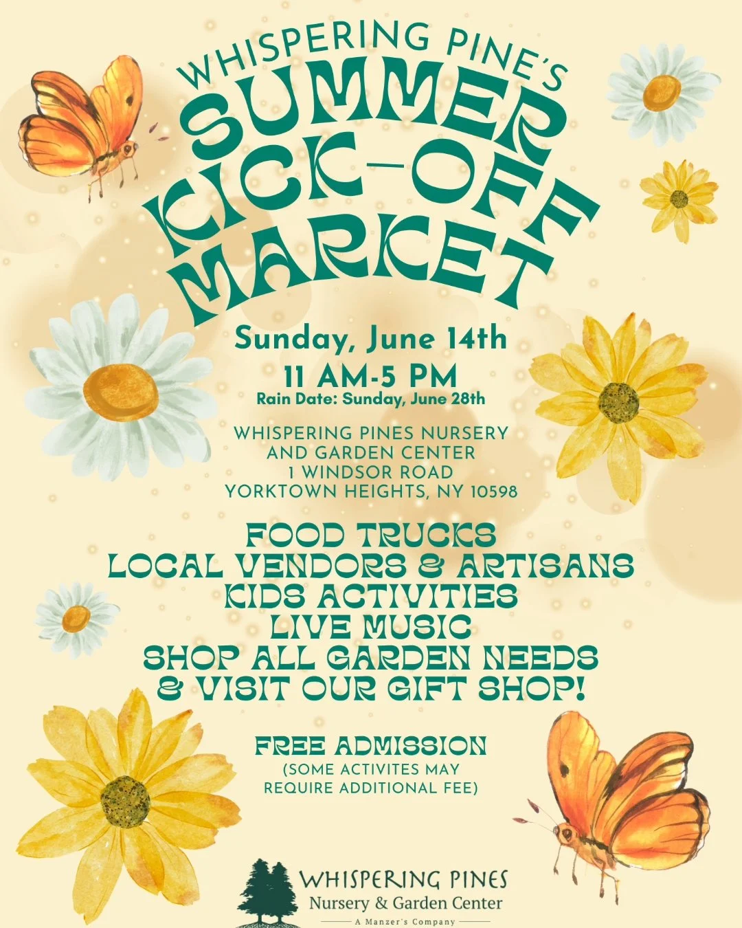 Join us for a Summer Kick-Off Market this Sunday June 14th. 11AM-5 PM at Whispering Pines Nursery in Yorktown! 🌞 

There will be local vendors and artisans, food trucks, live music and kids activities! 

Admission is free.