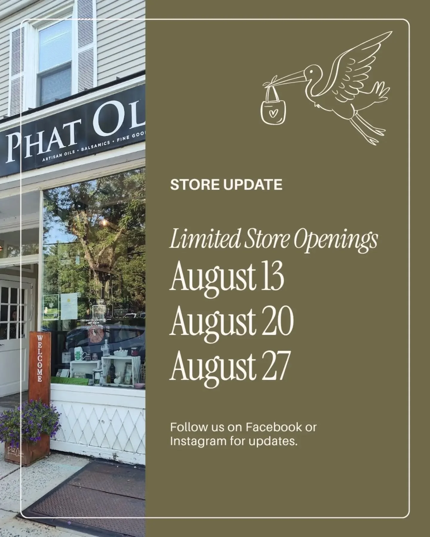 As we welcome our newest little olive, Phat Olive will be taking a short break. We&rsquo;ll be closed for most of August, with limited Thursday hours on August 13 &bull; August 20 &bull; August 27

We&rsquo;ll post any updates here and through our we