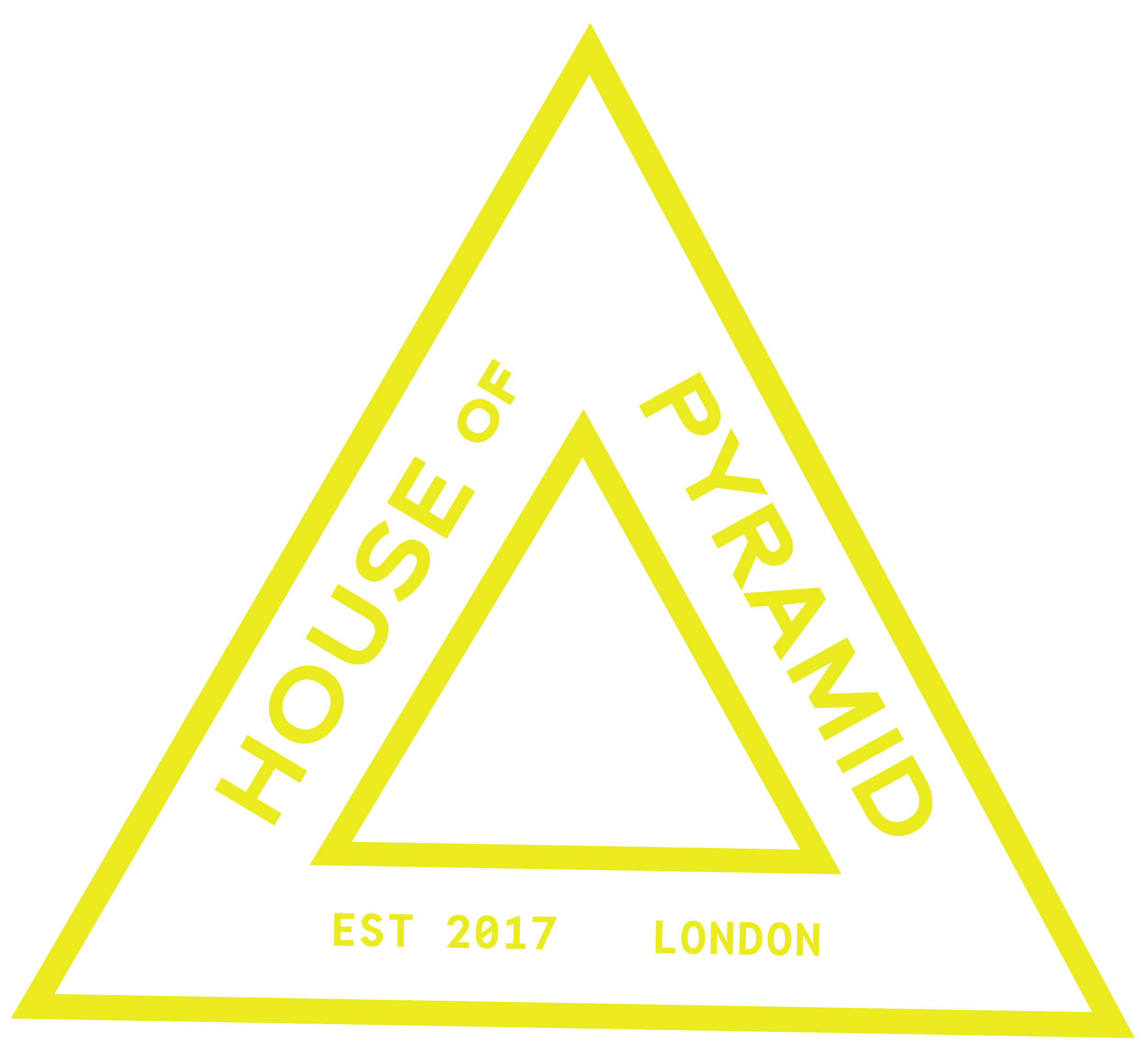Yellow triangle logo with black background, containing the text 'House of Pyramid, Est 2017, London' inside and around the triangle.
