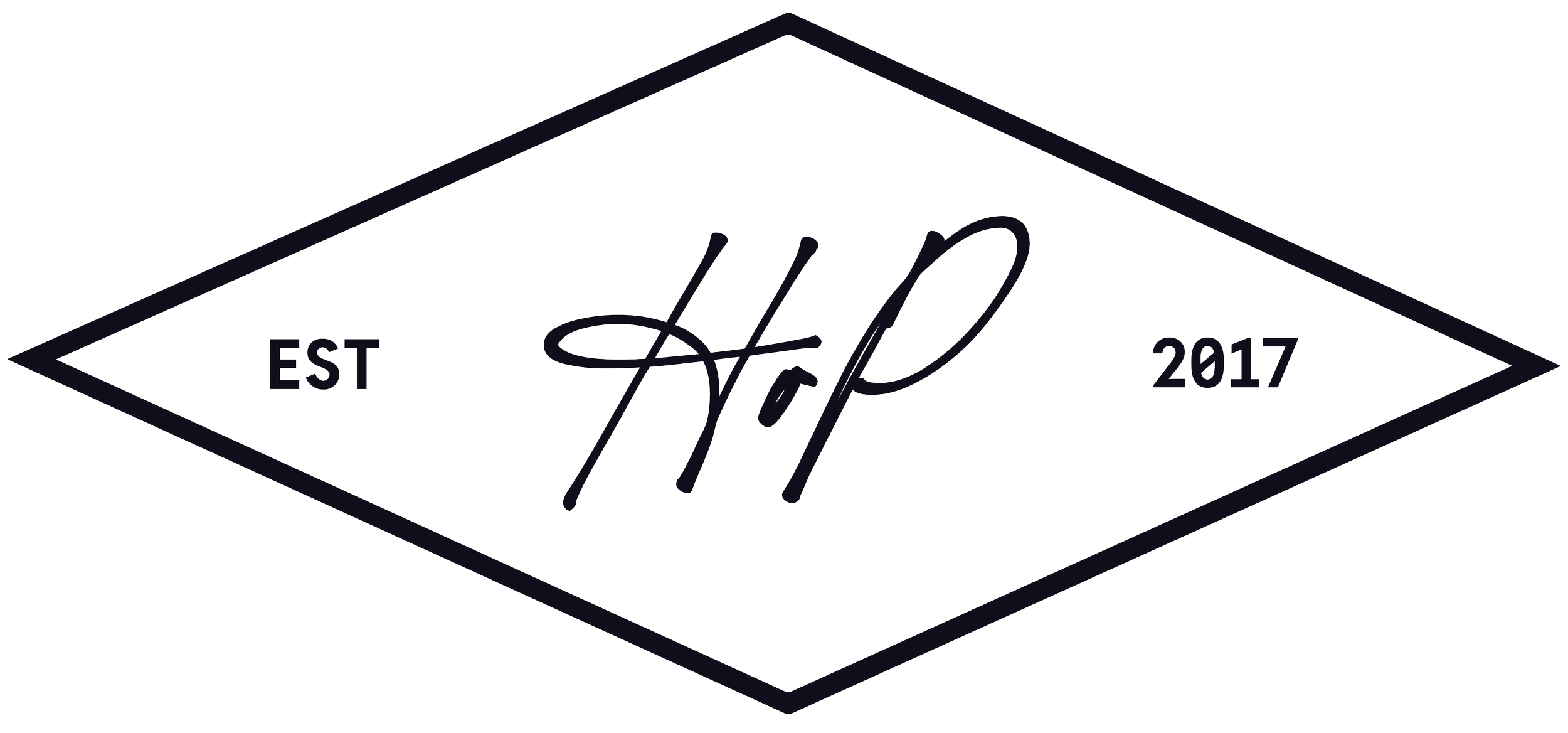 A black and white logo with a diamond shape and the text 'EST' on the left, '2017' on the right, and a cursive 'H' and 'D' in the center.