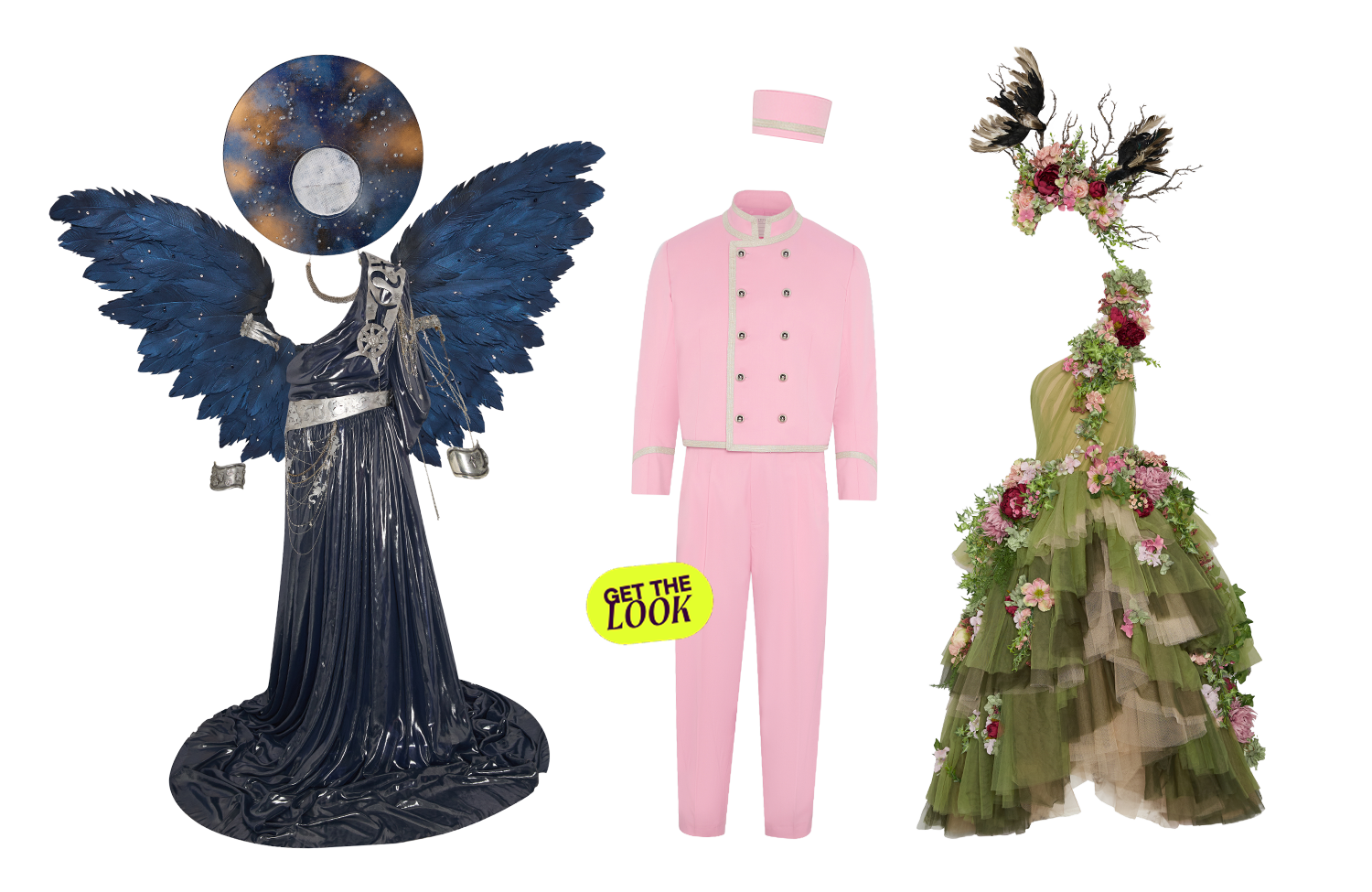 Fashion display with three dresses: a dark blue gown with feathered wings and a moon themed headpiece, a pink tailored pantsuit with decorative buttons, and a layered green and pink floral gown with tulle and floral embellishments.