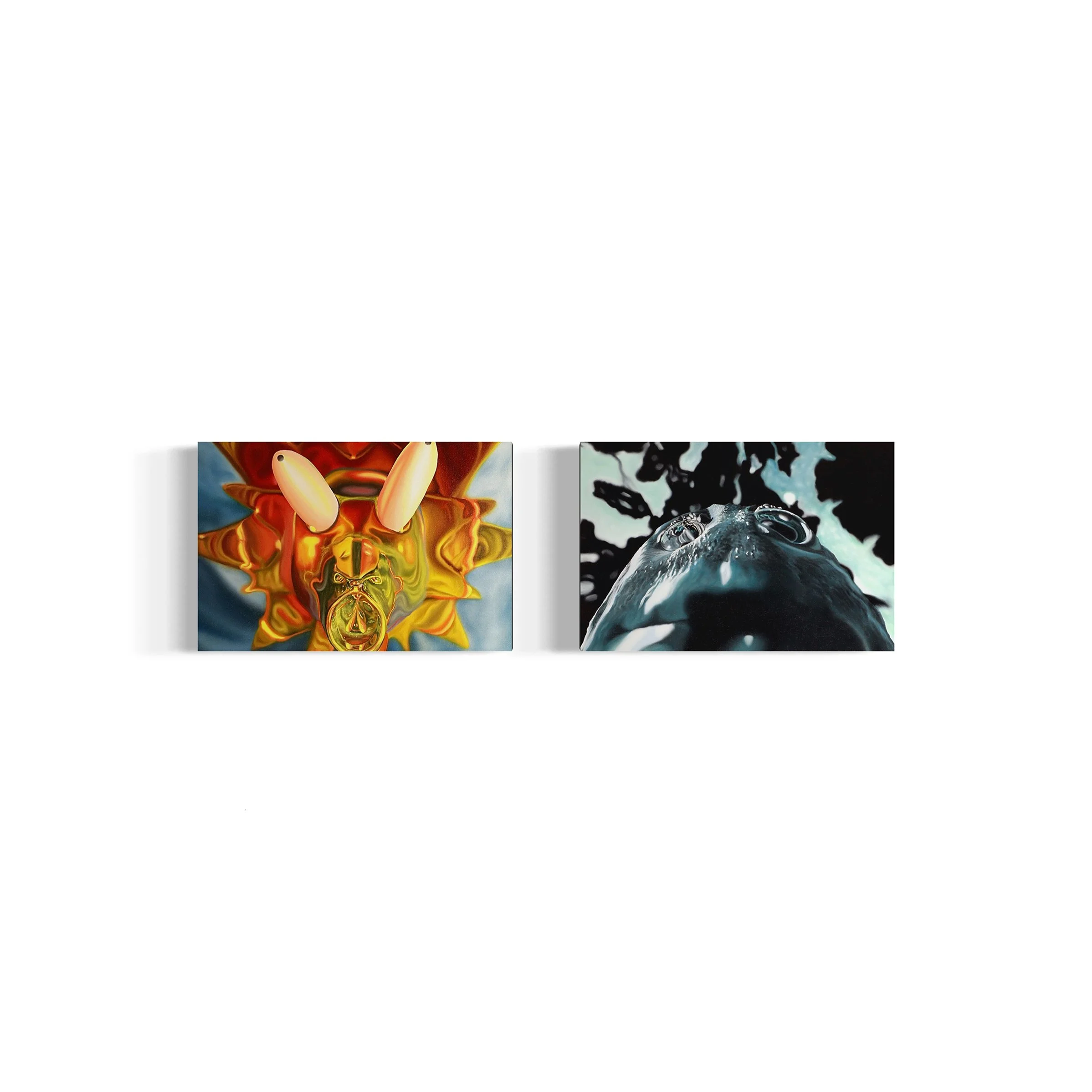 “Cookie Cutter Cry Baby” (left) and “Doomed to Read the Room Once in a Blue Moon” (right), Oil on canvas, 18 x 12 in each, 2024. 