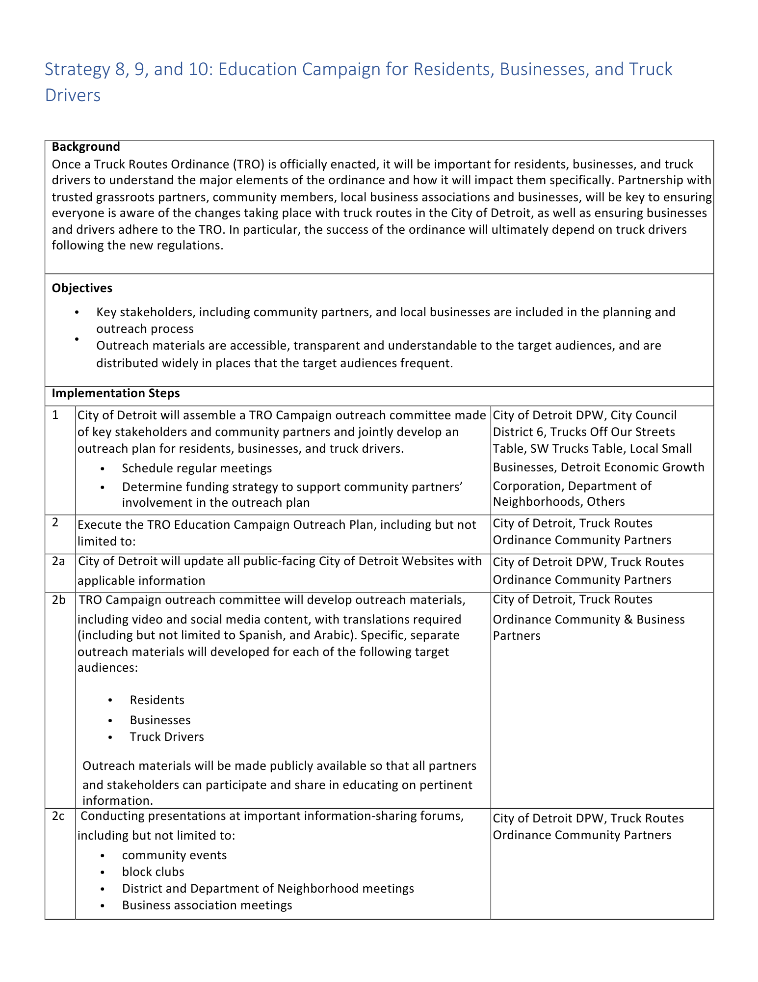 Document titled 'Strategy 8, 9, and 10: Education Campaign for Residents, Businesses, and Truck Drivers' with sections on Background, Objectives, and Implementation Steps for community outreach regarding truck routes ordinance in Detroit.