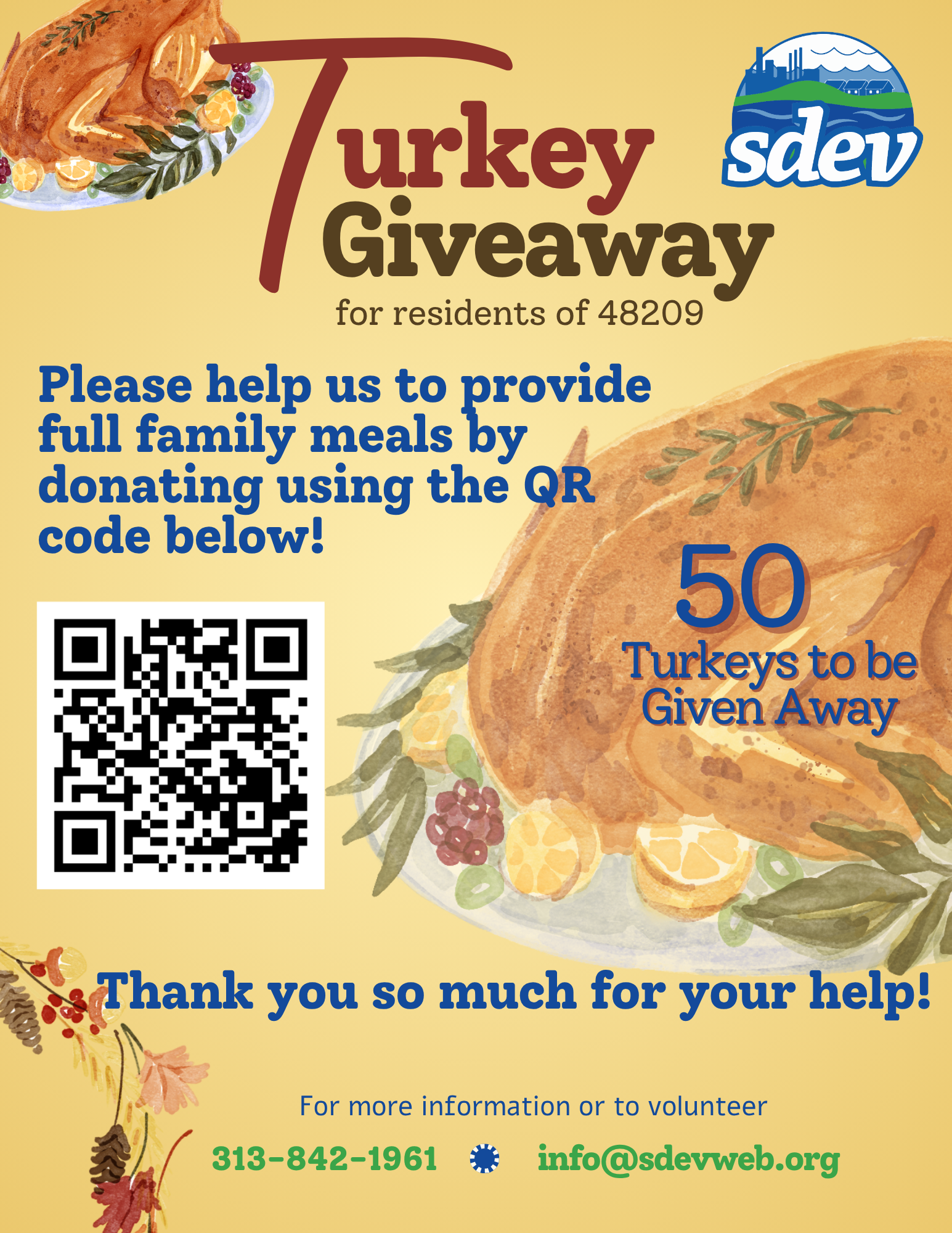 Flyer for a turkey giveaway for residents of 48209. It features an illustration of a roasted turkey with lemon slices and garnish, a QR code for donations, and text encouraging donations and volunteer contact information.
