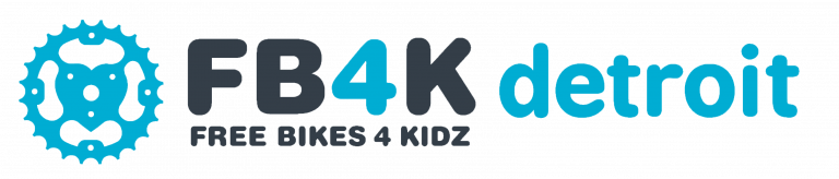 Logo for FB4K Detroit featuring a blue bicycle gear with a pig face inside and text 'FB4K Detroit Free Bikes 4 Kidz'.