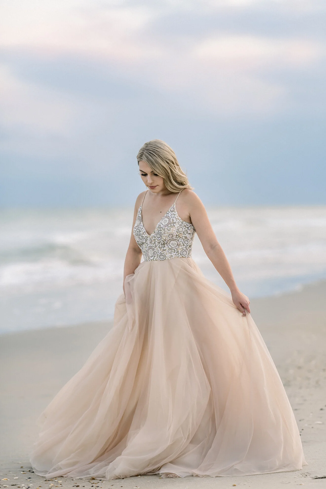 Topsail Beach Bridal Portrait with beaded, blush BHLDN Gown