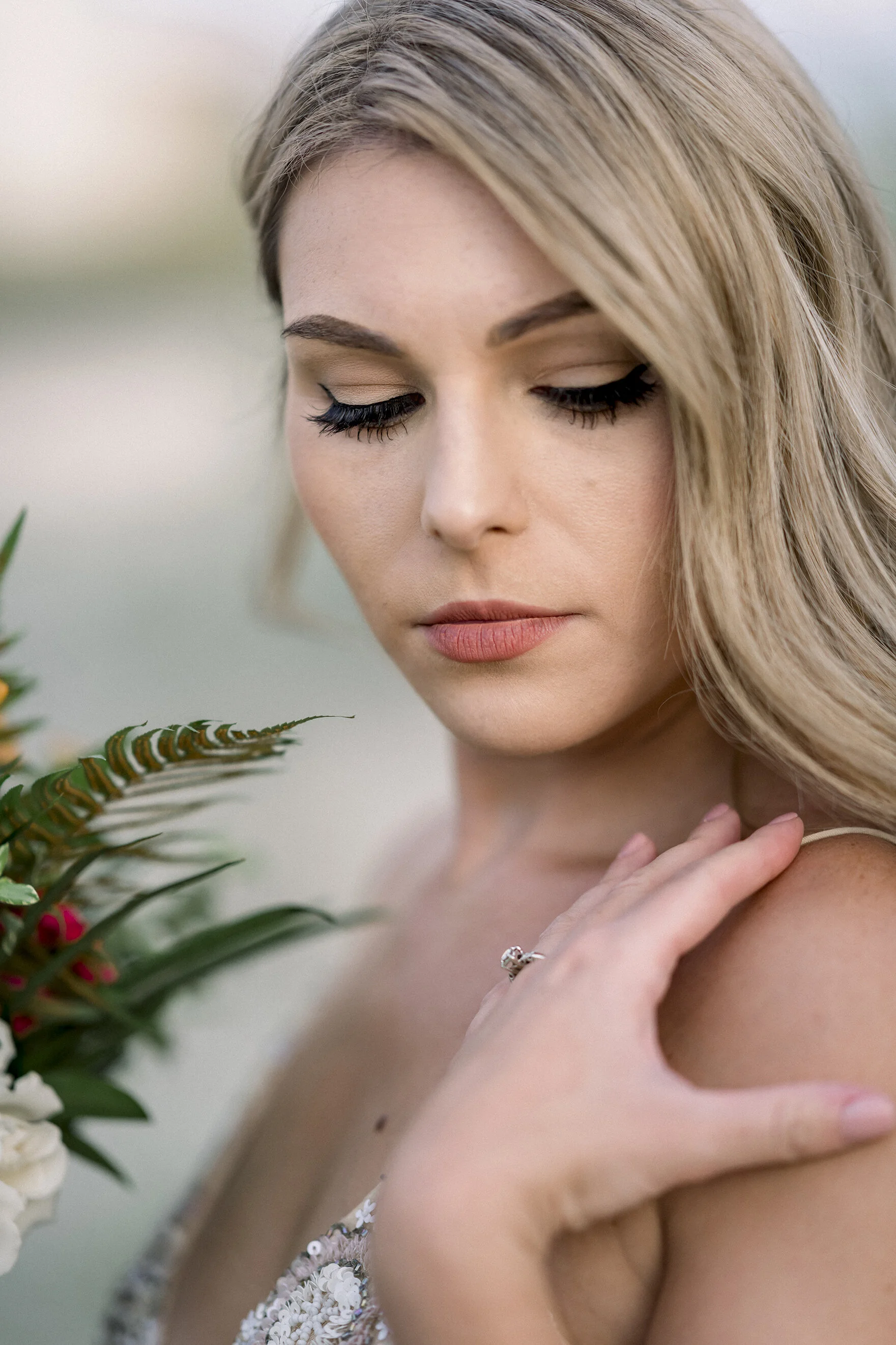 Beautiful Bridal Portrait Headshot with bouquet and antique wedding ring