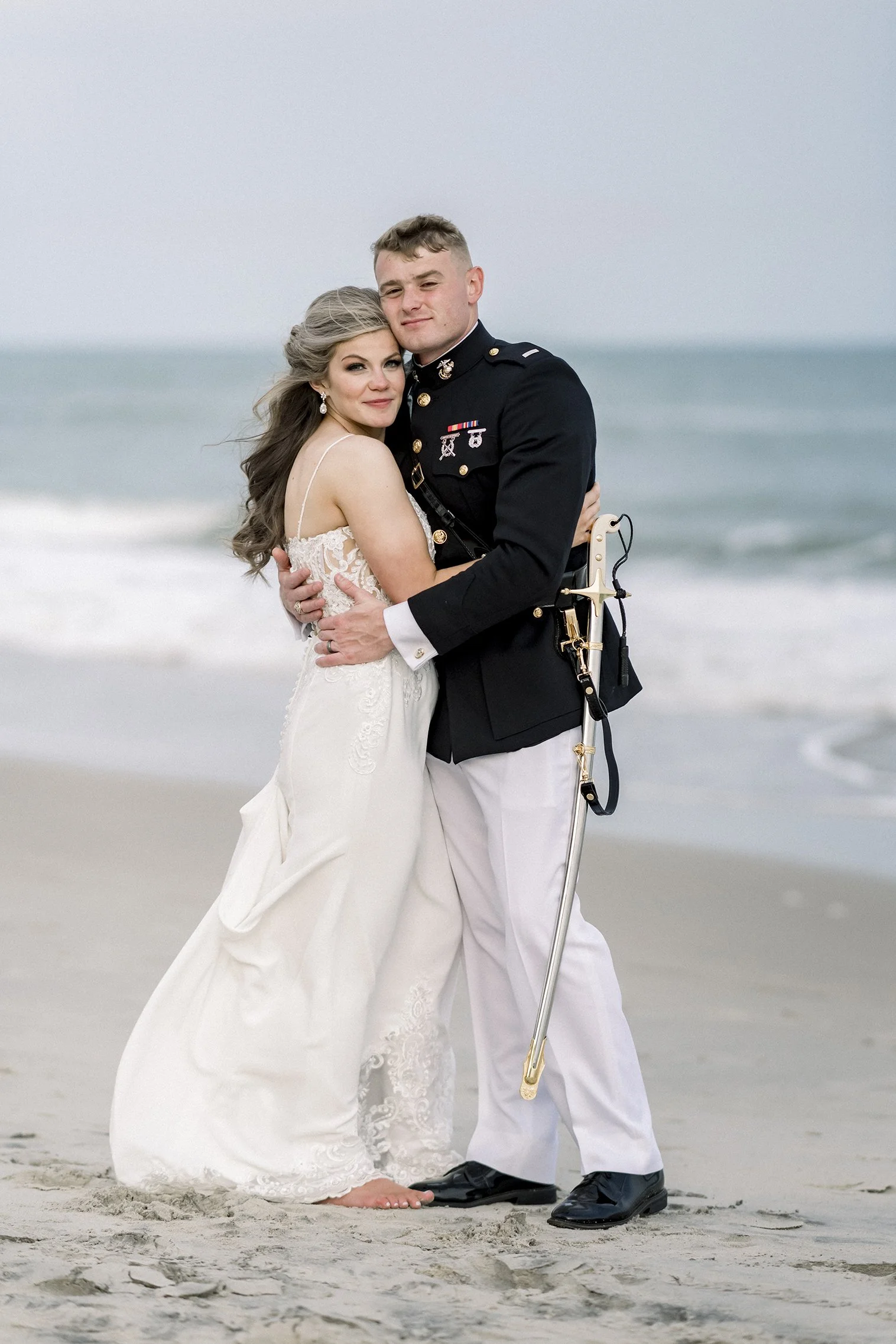 Marine Wedding Couple after Ceremony on Topsail Beach