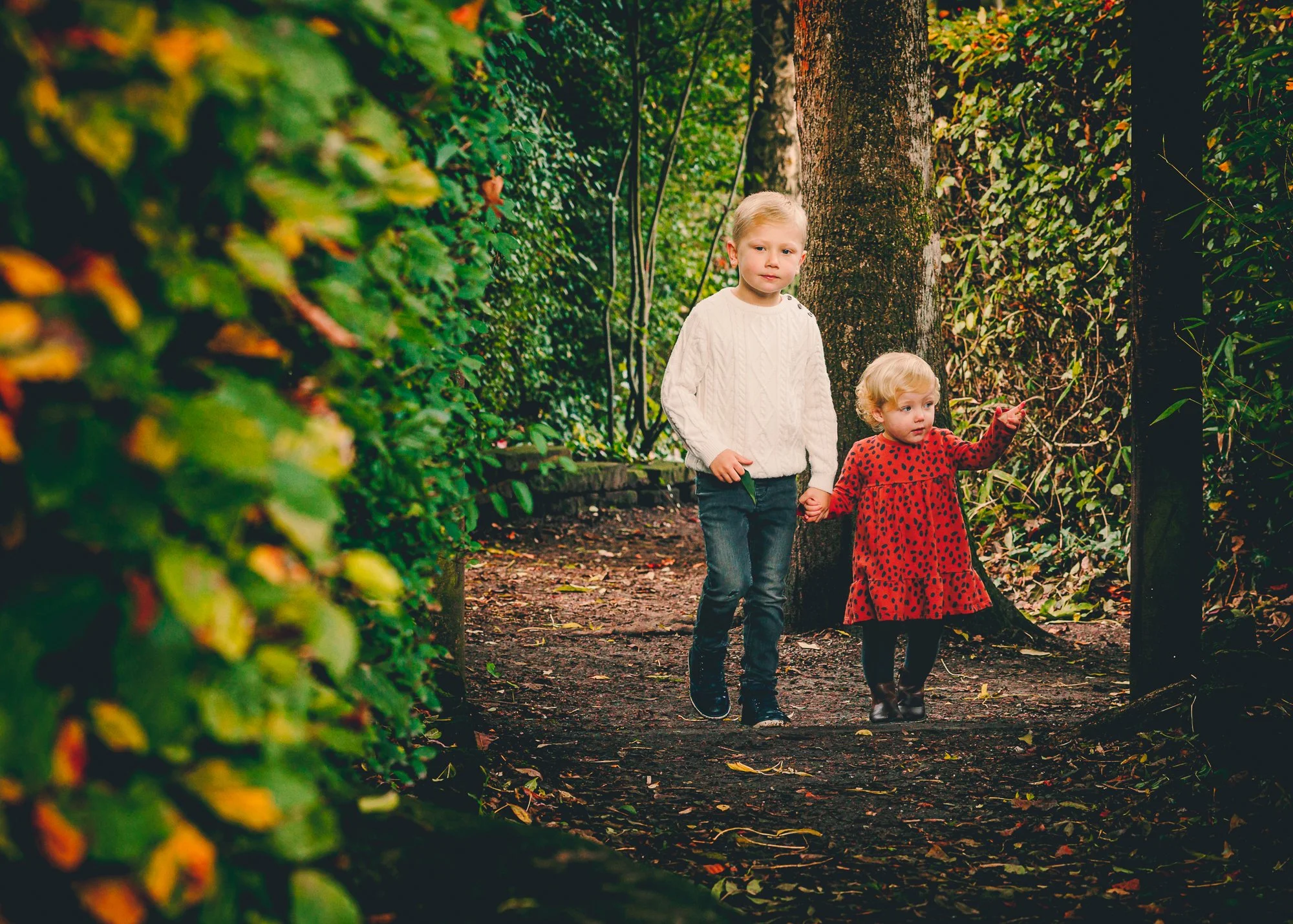 Children explore Walkden Gardens in Sale during a family photography session