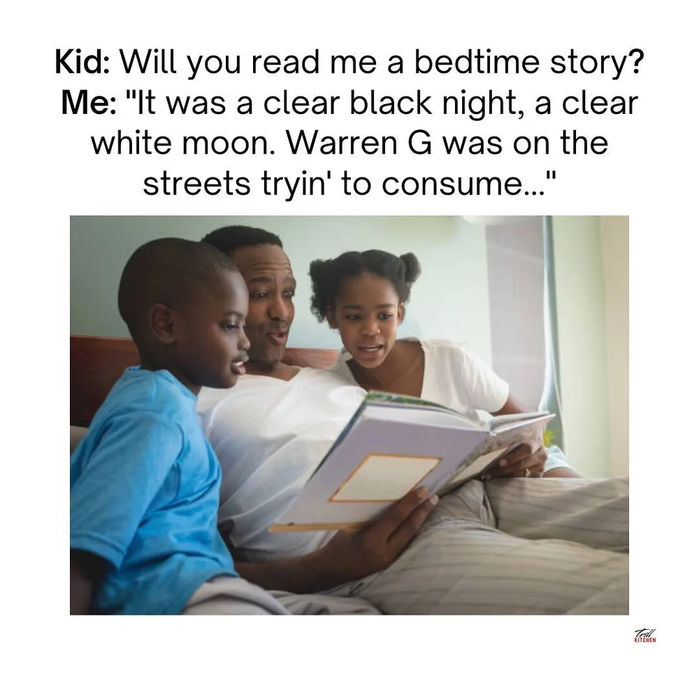 Ahaha something about the monotone crooning of Nate Dogg that really does it. Anyway, hi parents, are you reading to the children? 

Continue planting the seeds of imagination, one page at a time. 📚🌱 #90shiphop #readingwithkids #growingminds #table