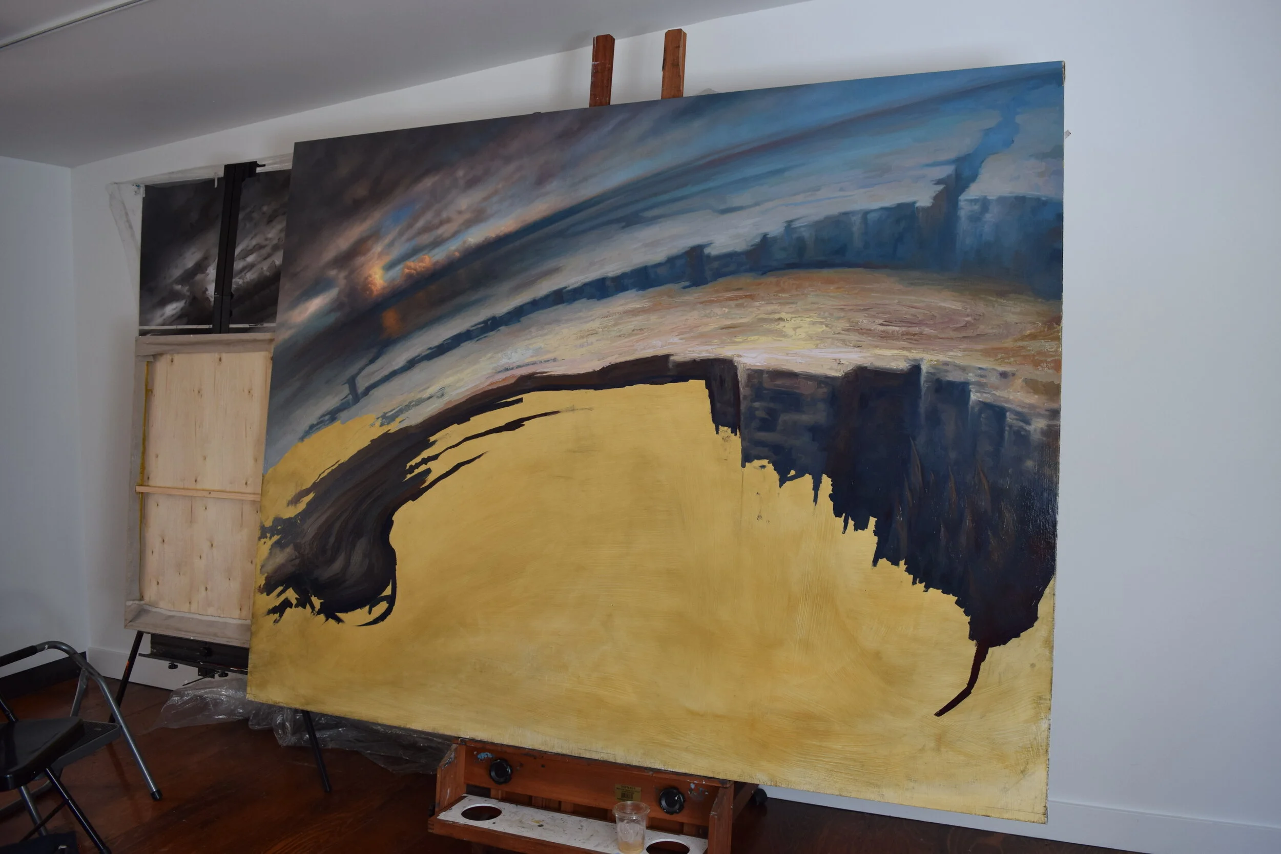 Sky First In this painting, I began with the sky and essentially worked from ‘far to near’. I used a simple raw sienna tone for the underpainting.&nbsp;