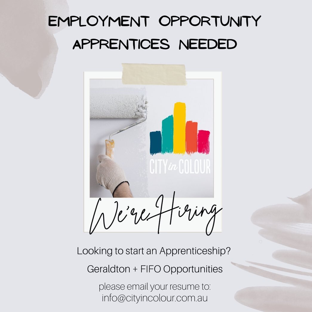 ⭐️Employment Opportunity⭐️
Apprentice Painter and Decorator &ndash; 2 x Positions available
City in Colour are looking for 2 x Apprentice Painters for an immediate start.
FIFO Opportunities available.
Please send your applications to info@cityincolou