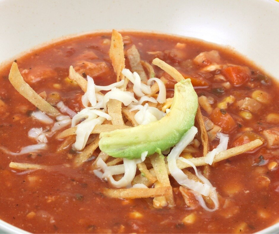 It's soup season - today's soup is Chicken Tortilla!! Enjoy this bowl of soup with shredded cheese and sour cream topping with a side of tortilla chips.  Add some Avocado!  Perfect for lunch or dinner.  #goodtogo #ots #SoupSeason