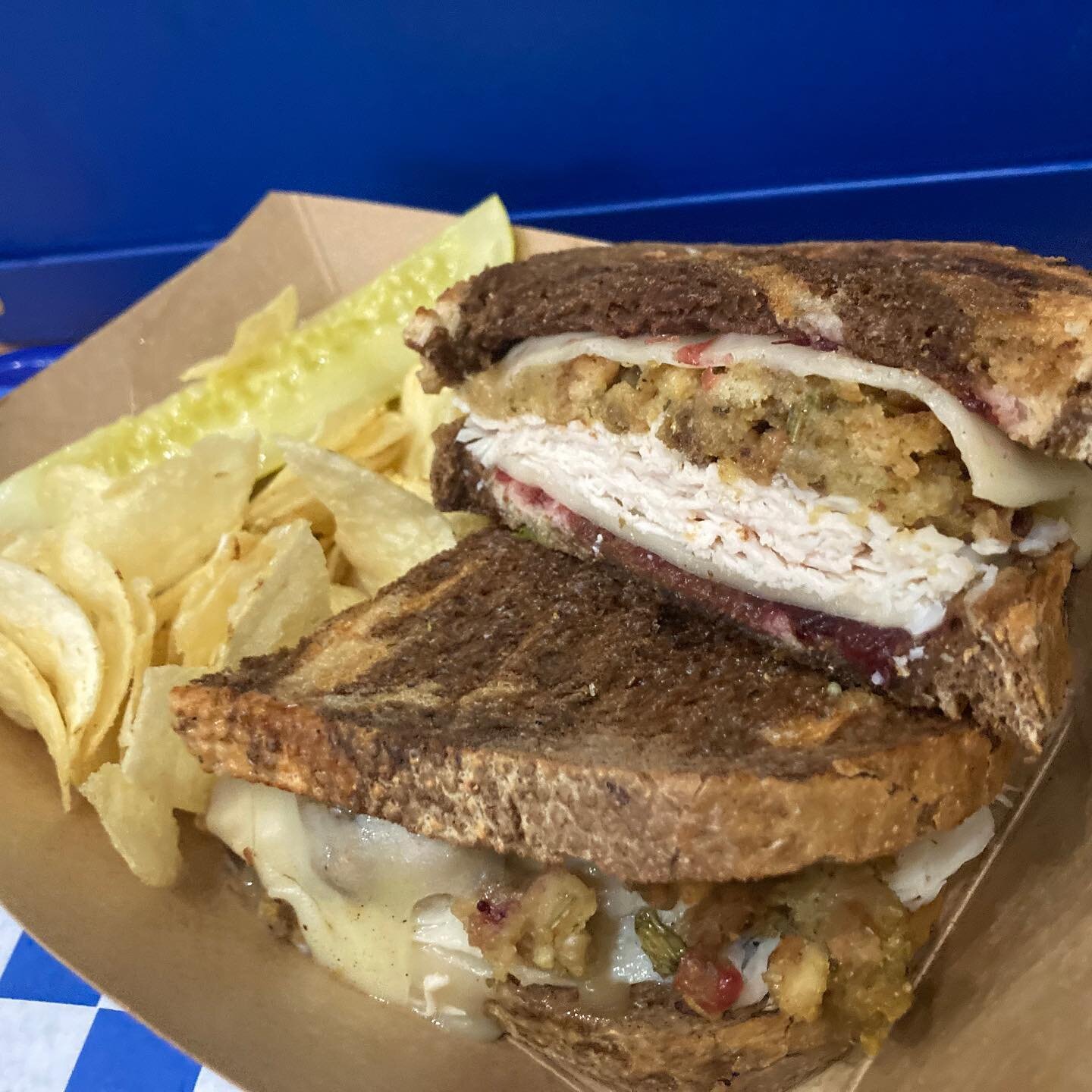 Try our new Thanksgiving Reuben:
Grilled Marble Rye with Turkey, Swiss, Cranberry Sauce, and Gravy. 

Only available 11/1 - 11/22