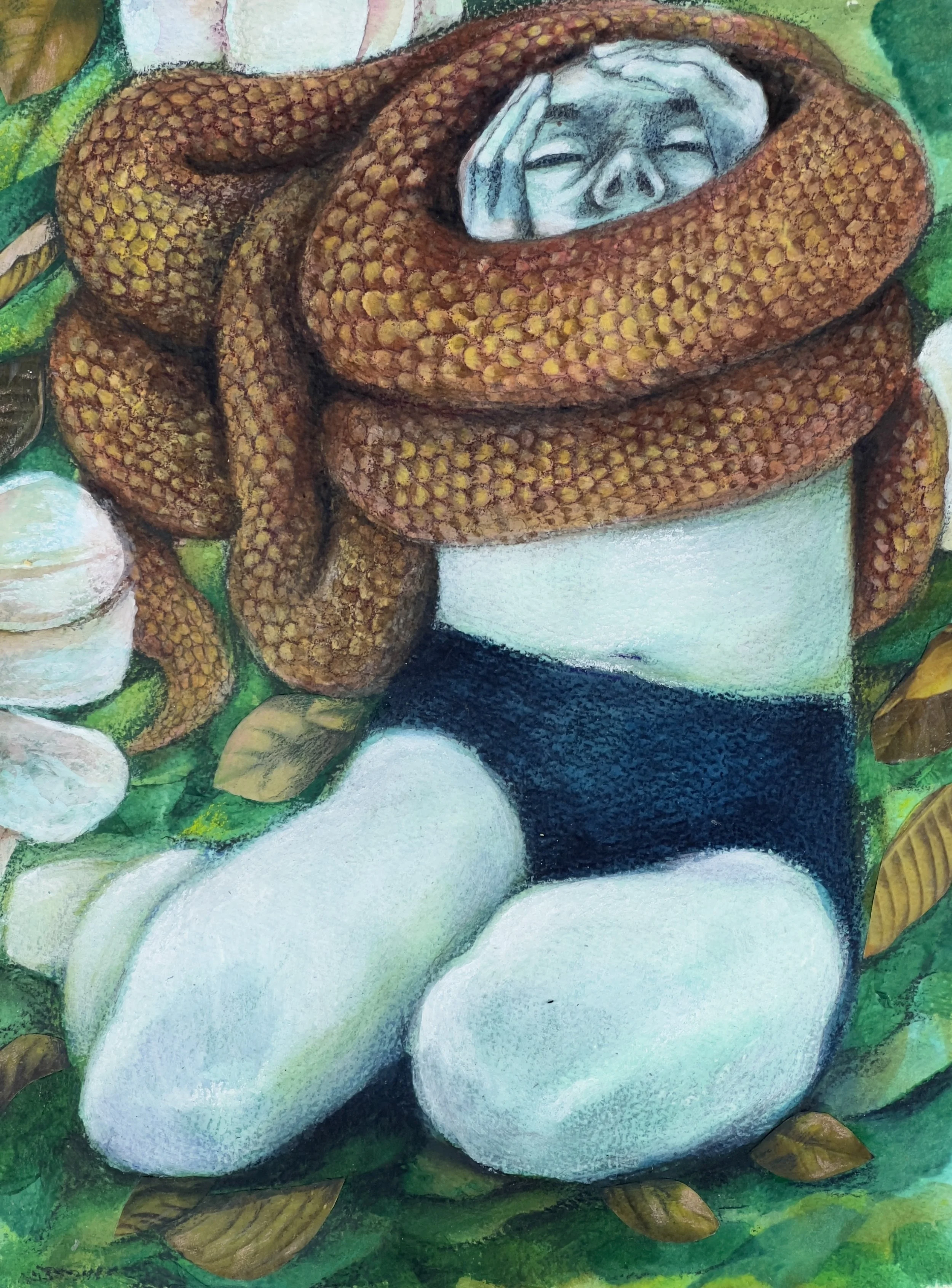 Saint of Serpents and Secrets (diptych left), mixed media, 9 x 12 in, 2025.