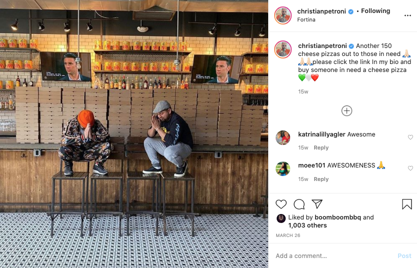   Christian Petroni donating pizzas to local hospitals for every pizza ordered during the peak of the pandemic with his “Pies for the People” campaign.   