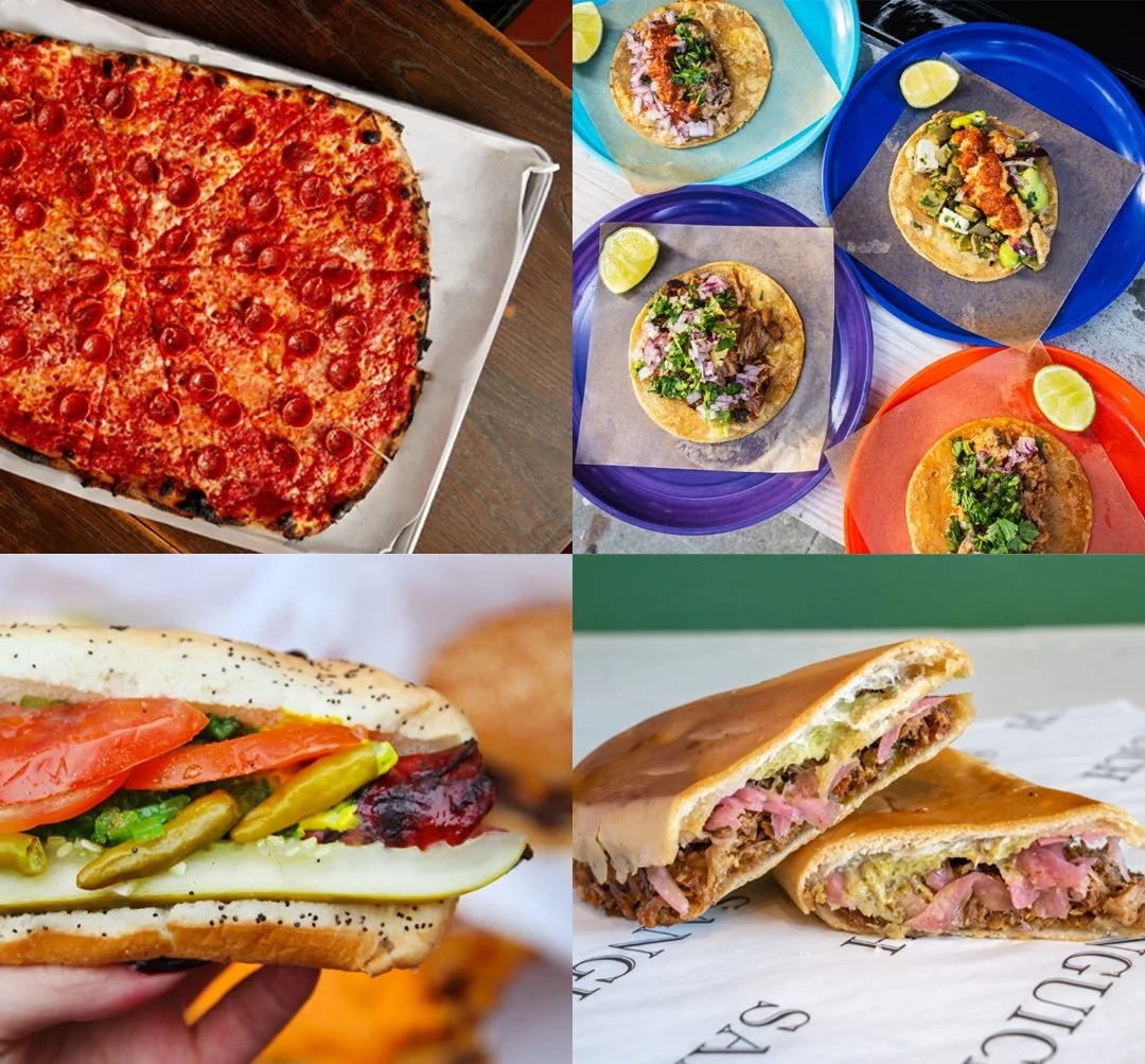 Sally’s Apizza, Taqueria Ramirez, Wiener’s Circle, and Sanguich