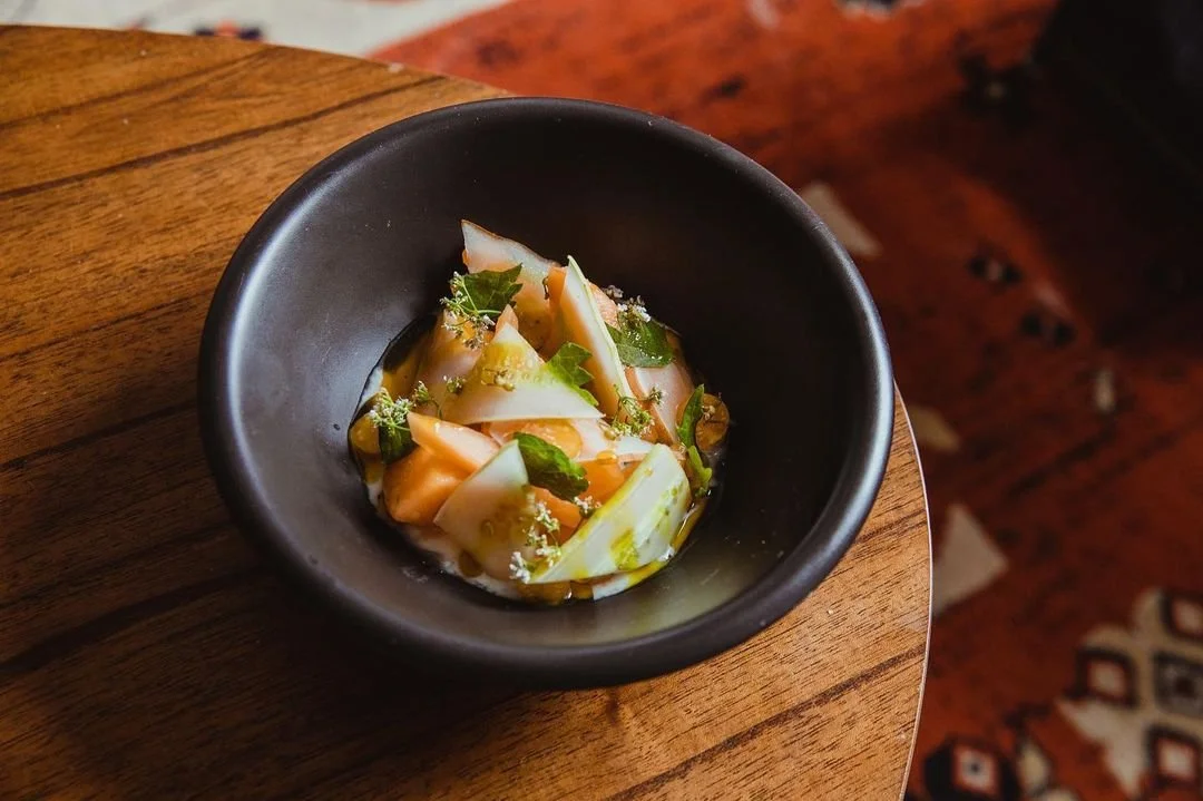  Melons, yuzu kosho yogurt, cucumber and curry gastrique 📸  @hera.nyc  