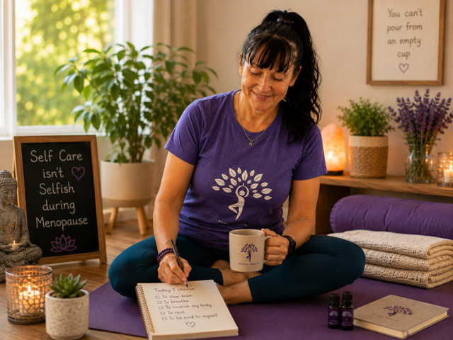 Jodie working on her self-care plan with a coffee at home