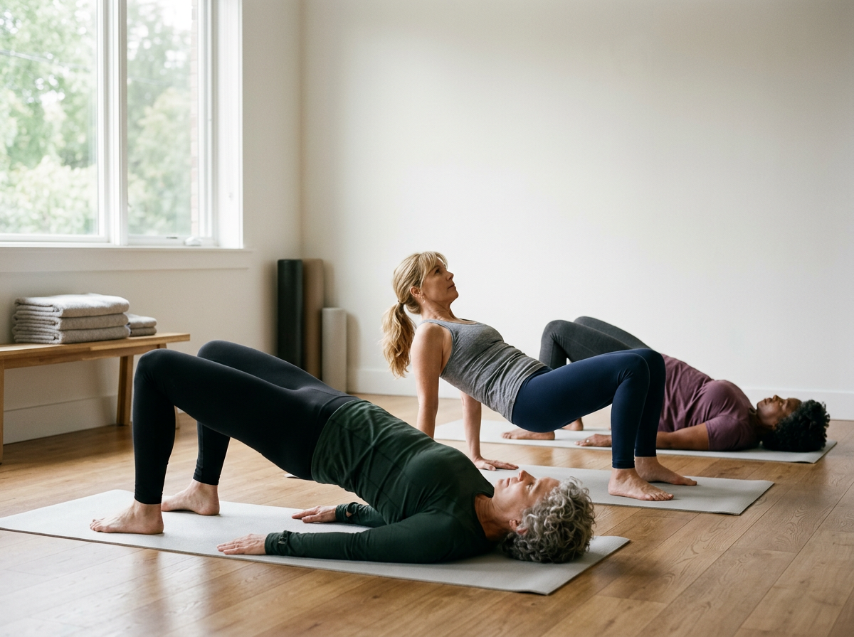Group of ladies performing Pilates core strengthening exercises on the mat for beginners
