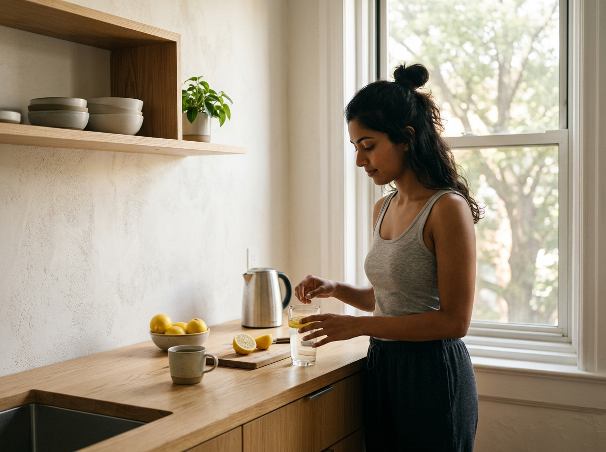 A lady starting her morning with healthy habits