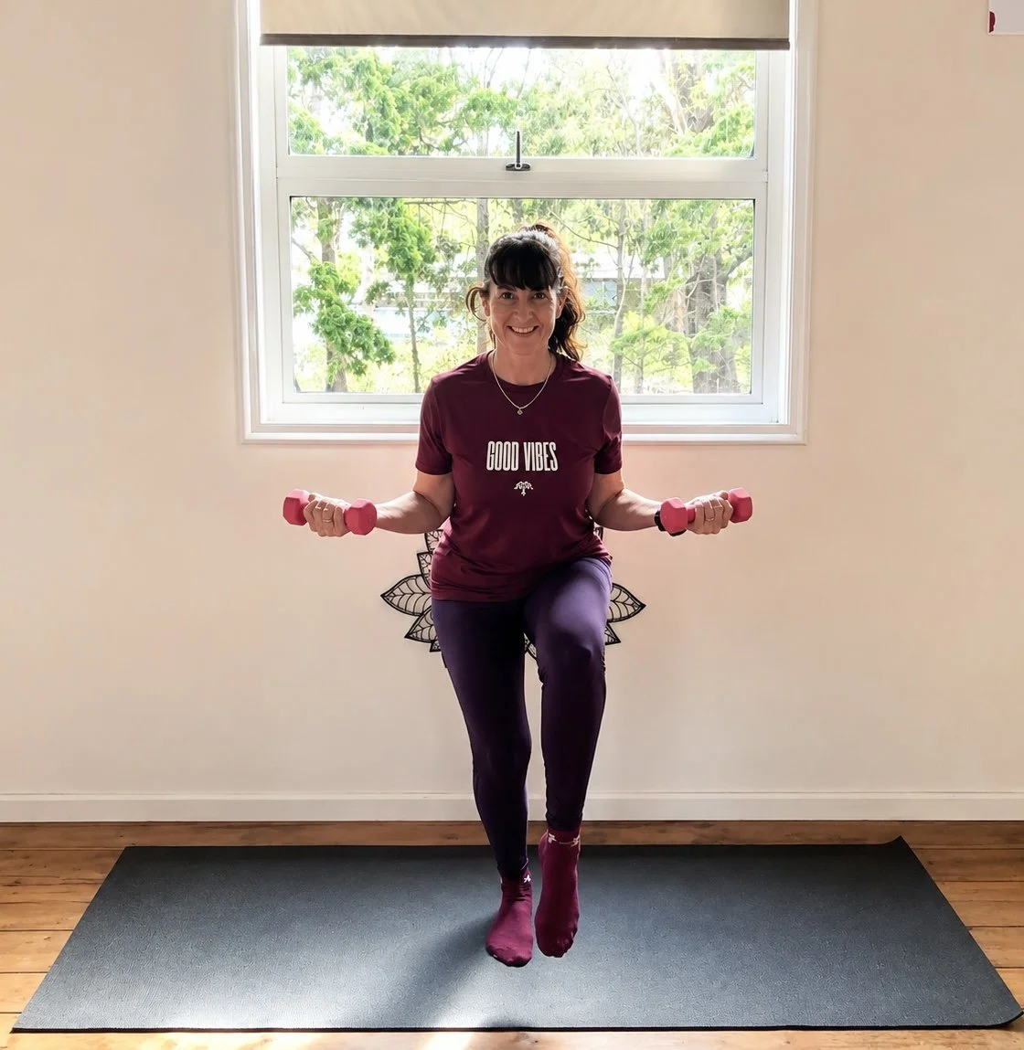 Jodie strengthening her arms and balancing on one leg