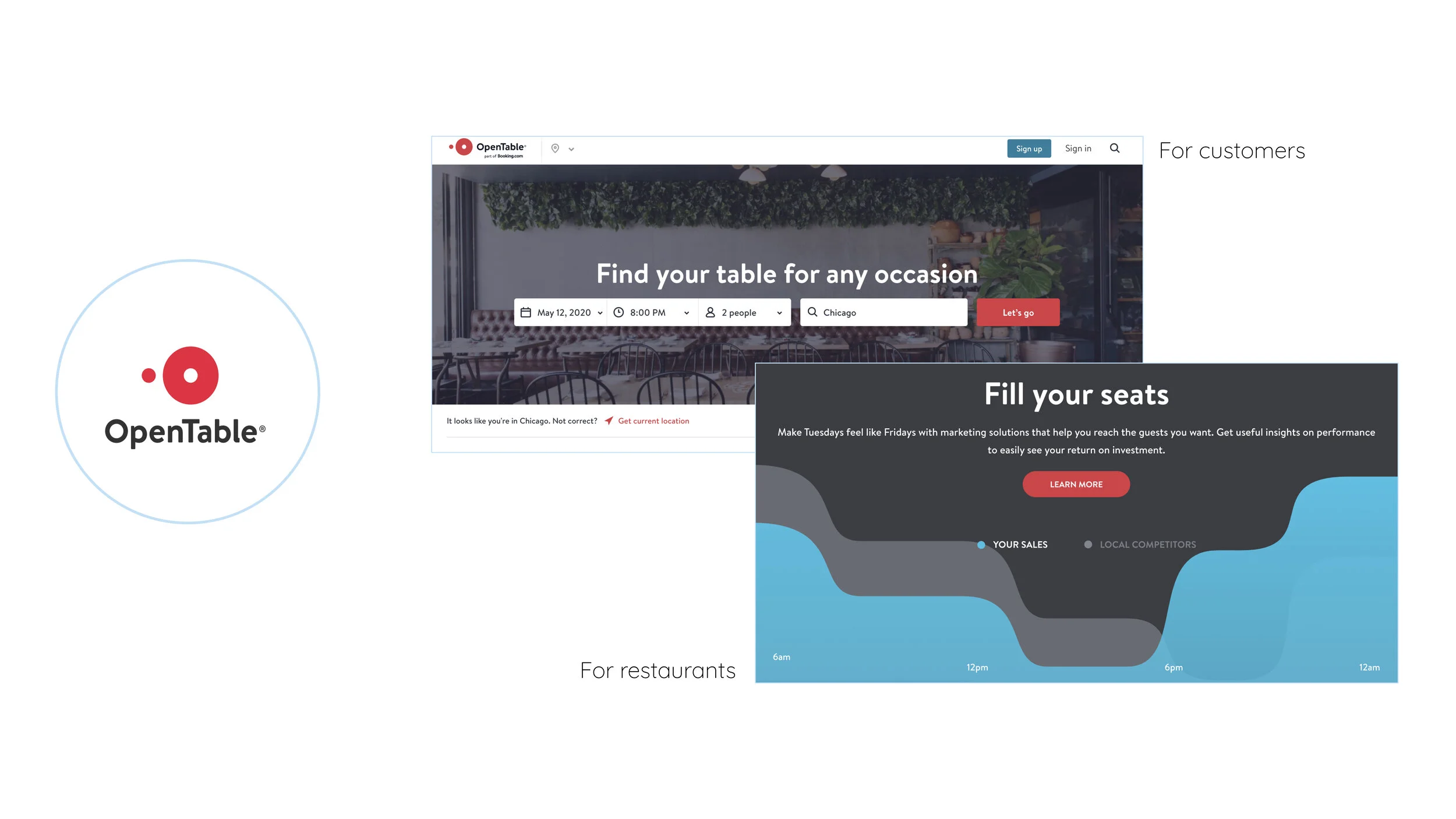 2-Sides in 1:Platforms such as OpenTable have a visual representation of the two audiences on the platform and guided users to choose one of the pathways to start their journey in that role.